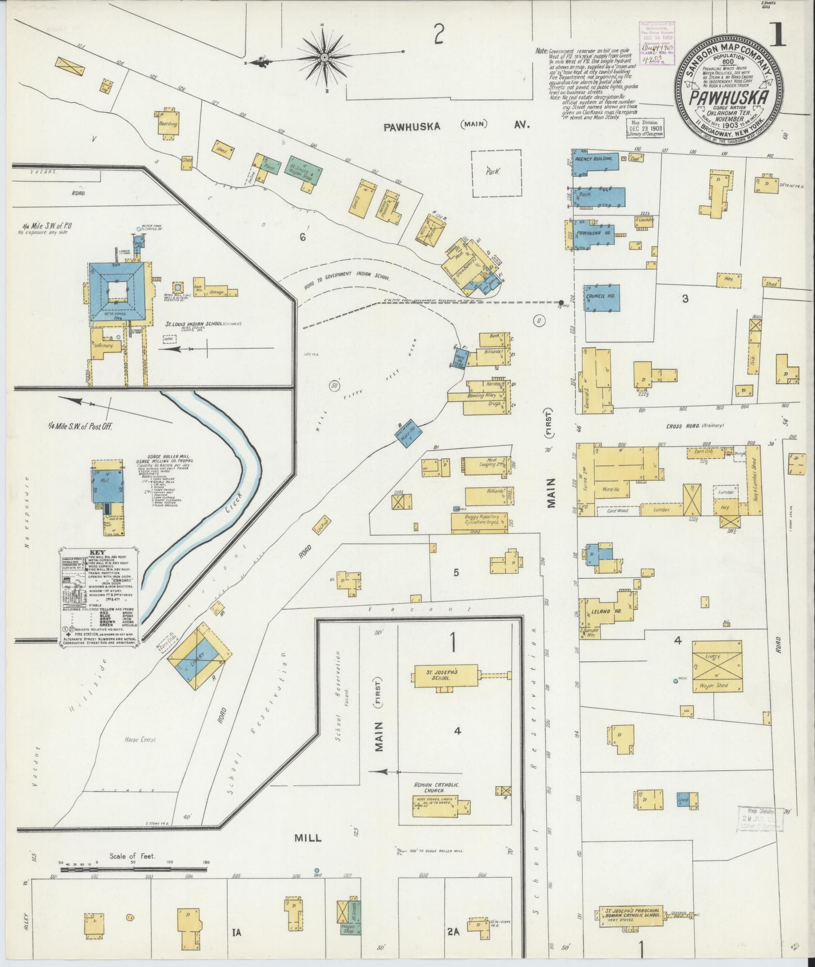 Sanborn Fire Insurance Map from Pawhuska, Osage County, Oklahoma (1903), Sheet #0001 - Historic Sanborn Fire Insurance Map Print, vintage old map wall art, antique decor, genealogy gift, Oklahoma Oklahoma map