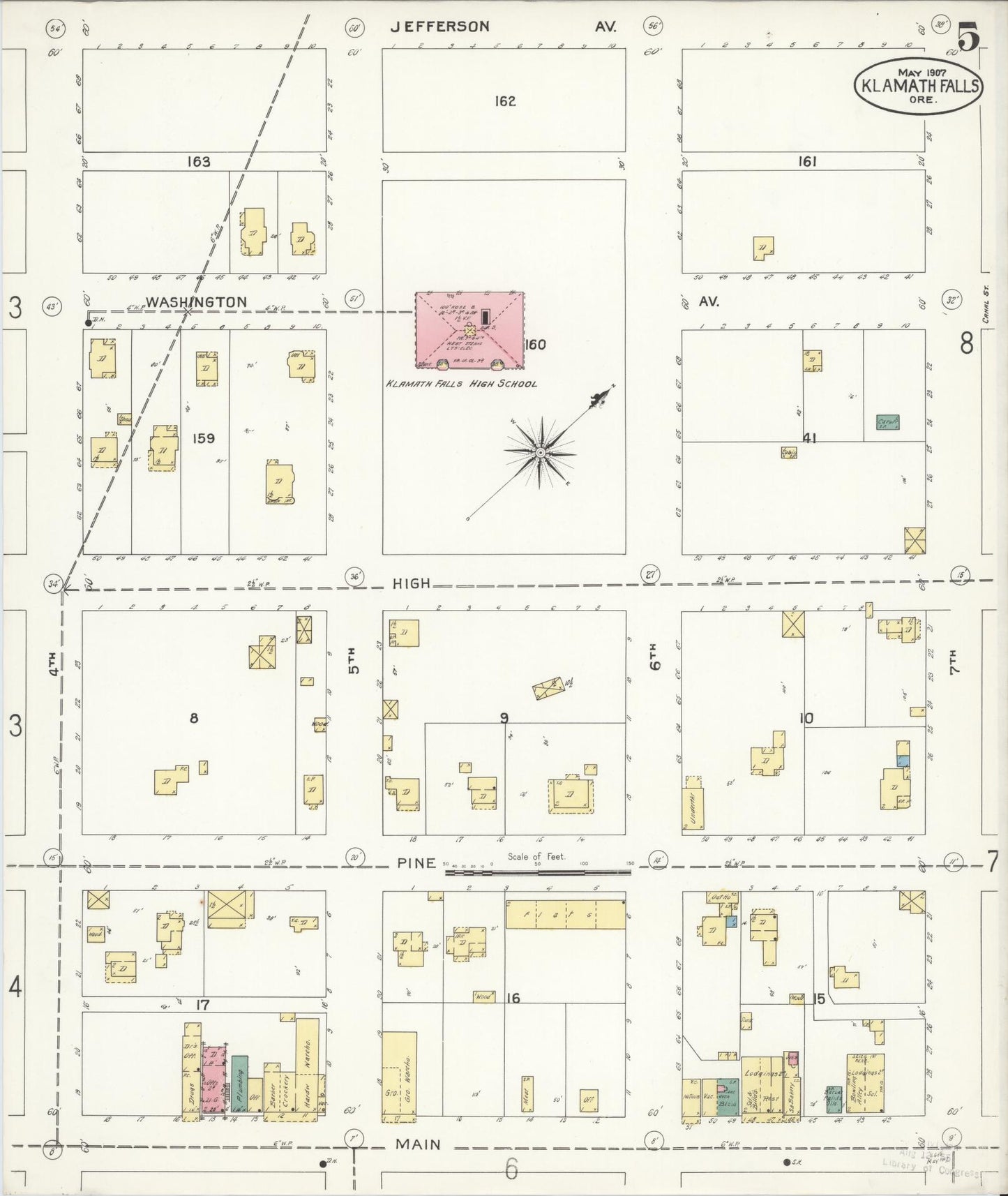 Sanborn Fire Insurance Map from Klamath Falls, Klamath County, Oregon (1907), Sheet #0005 - Complete Map Set gallery image, historic Sanborn map, vintage wall art, Oregon Oregon