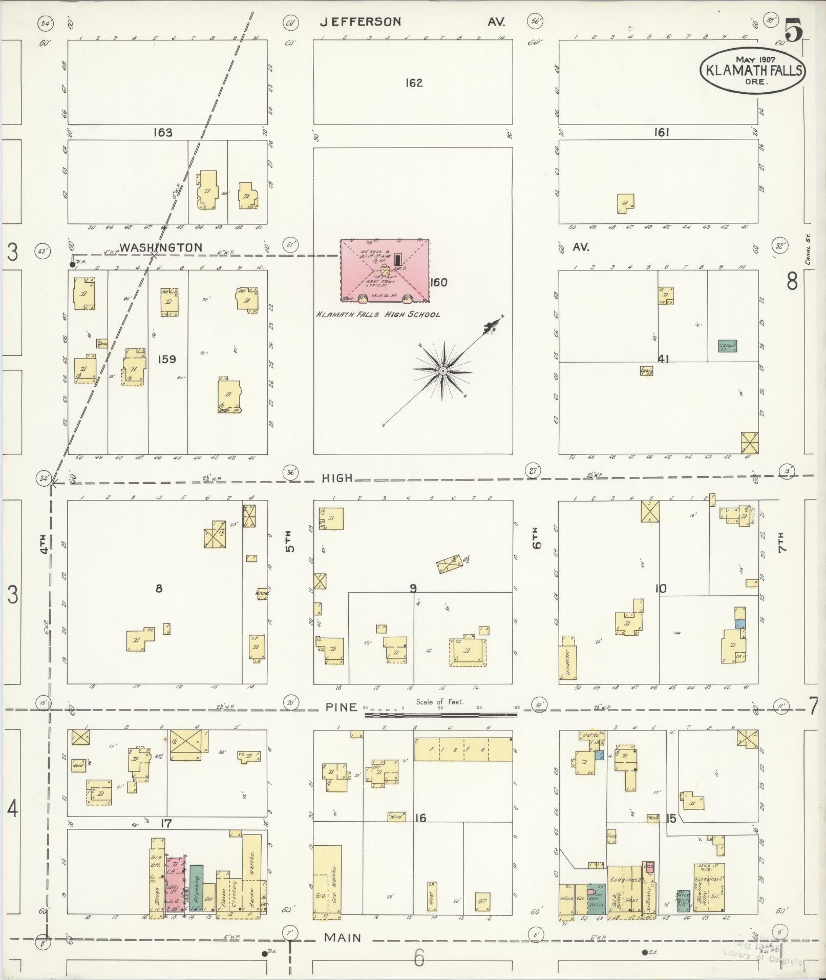Sanborn Fire Insurance Map from Klamath Falls, Klamath County, Oregon (1907), Sheet #0005 - Complete Map Set gallery image, historic Sanborn map, vintage wall art, Oregon Oregon