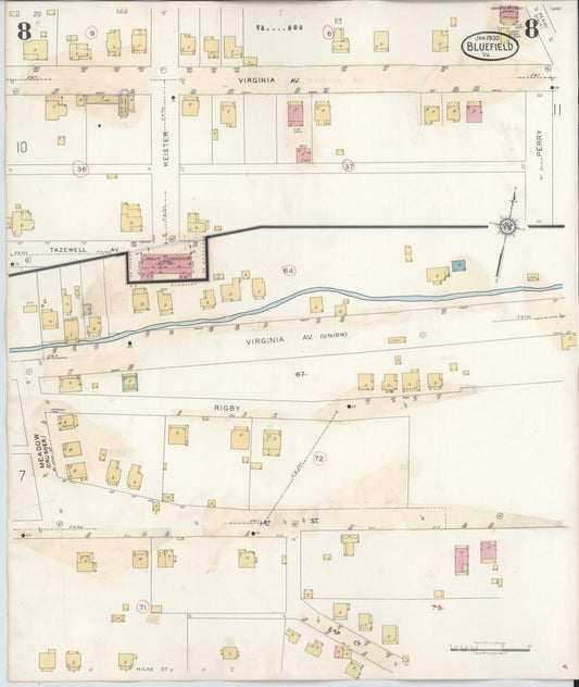 Sanborn Fire Insurance Map from Bluefield, Tazewell County, Virginia (1930), Sheet #0008 - Historic Sanborn Fire Insurance Map Print, vintage old map wall art, antique decor, genealogy gift, Virginia Virginia map