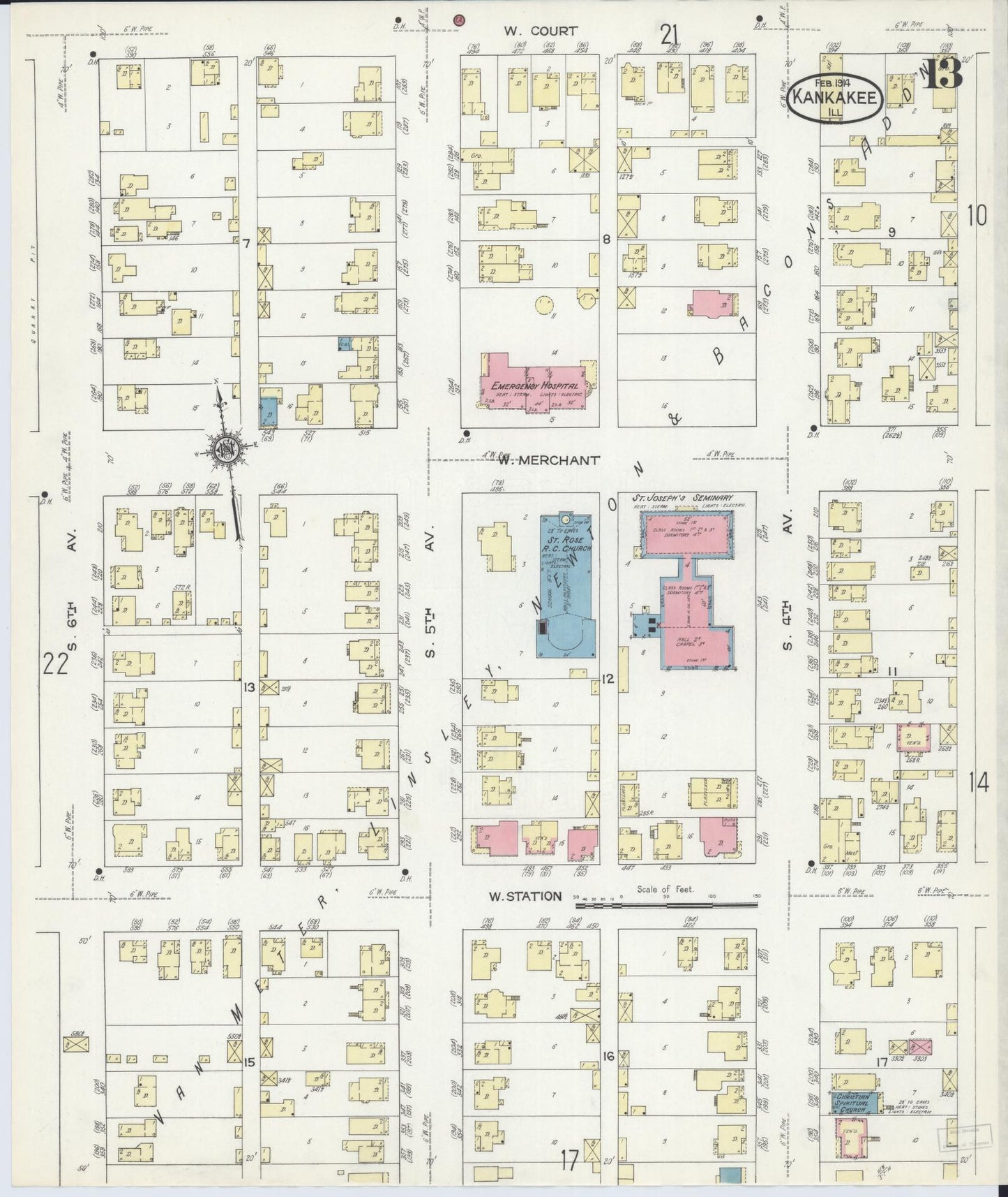 Sanborn Fire Insurance Map from Kankakee, Kankakee County, Illinois (1914), Sheet #0013 - Complete Map Set gallery image, historic Sanborn map, vintage wall art, Illinois Illinois