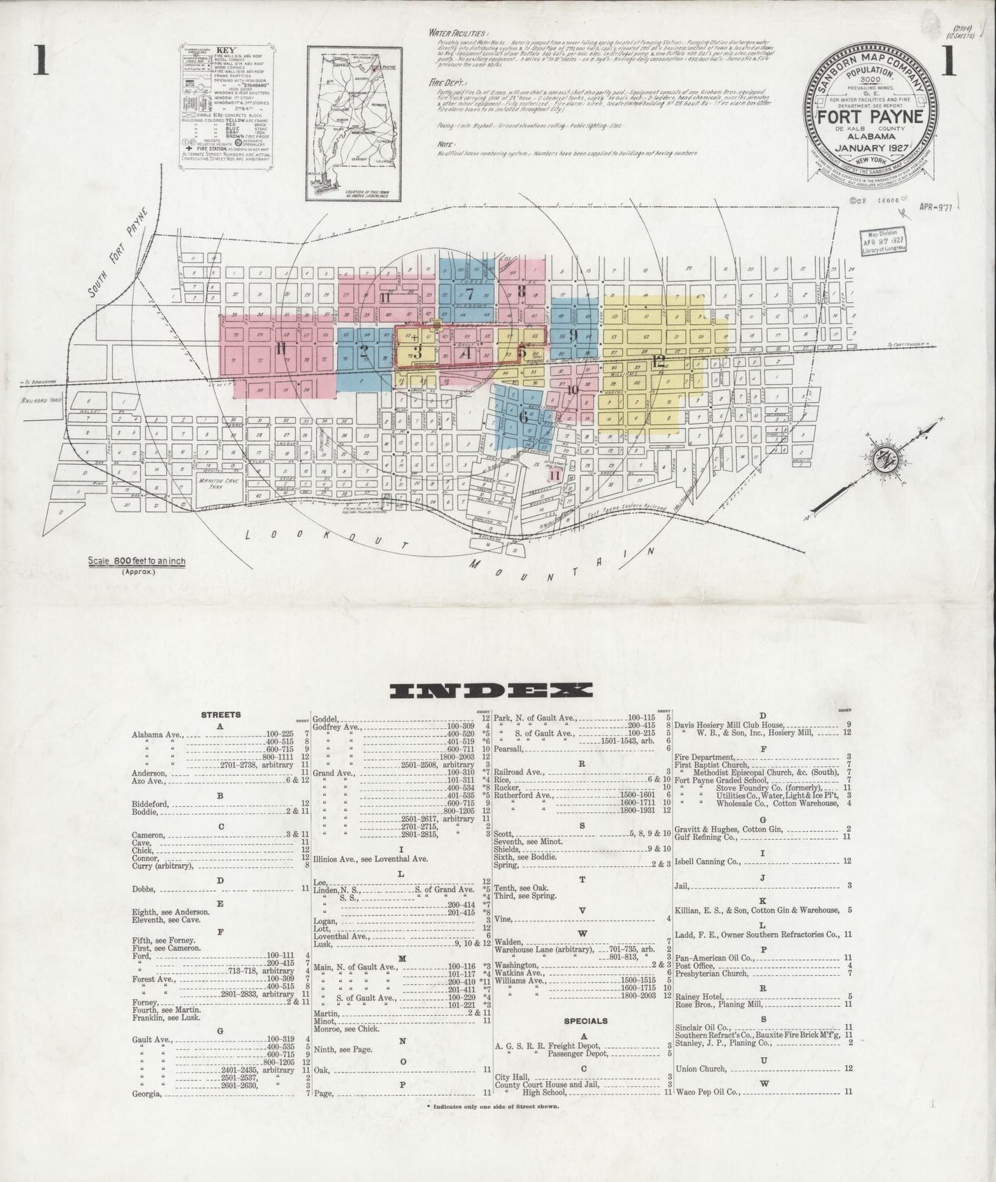Sanborn Fire Insurance Map from Fort Payne, Dekalb County, Alabama (1927), Sheet #0001 - Complete Map Set gallery image, historic Sanborn map, vintage wall art, Alabama Alabama