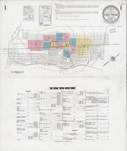 Sanborn Fire Insurance Map from Fort Payne, Dekalb County, Alabama (1927), Sheet #0001 - Complete Map Set gallery image, historic Sanborn map, vintage wall art, Alabama Alabama
