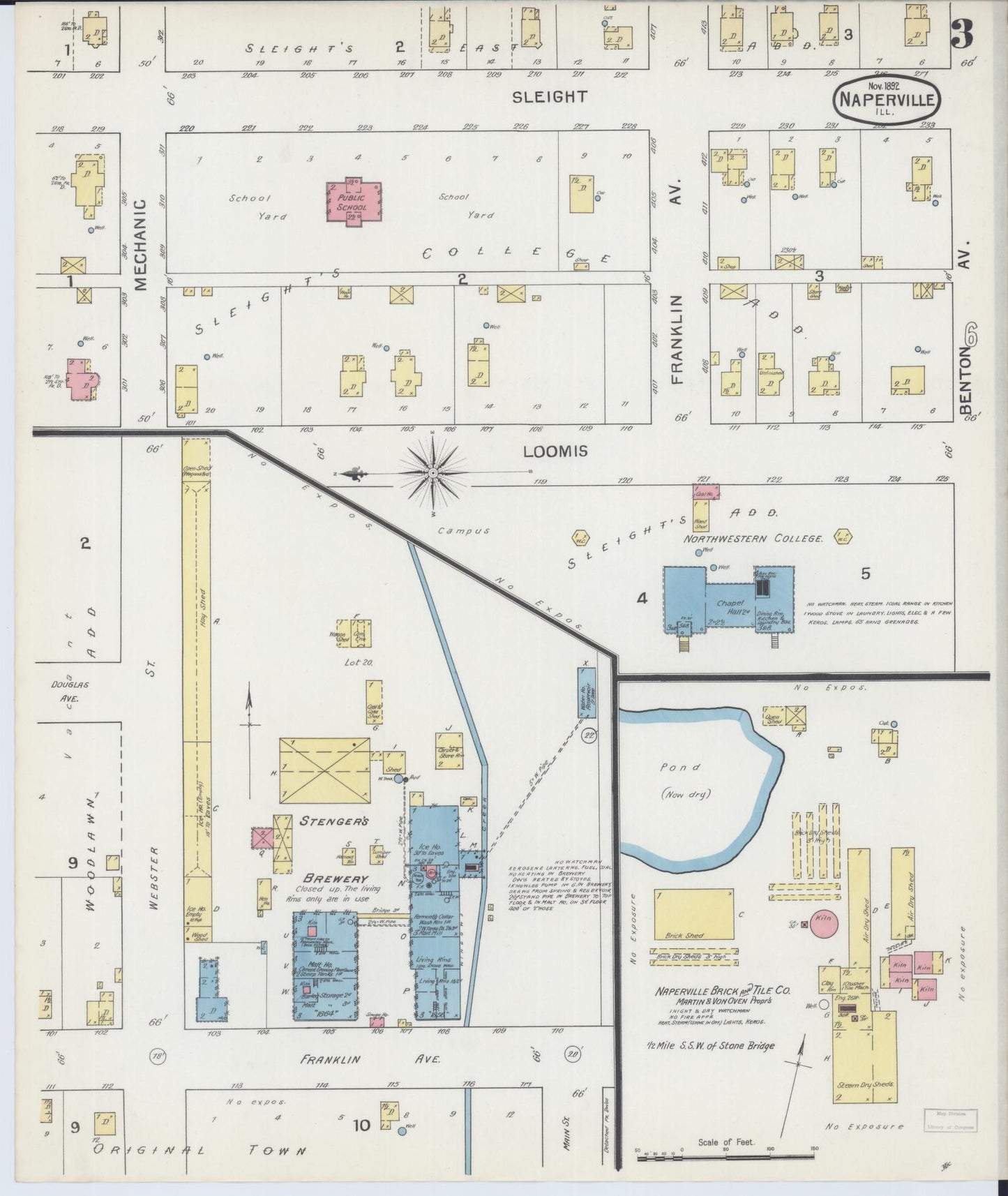 Sanborn Fire Insurance Map from Naperville, Du Page County, Illinois (1892), Sheet #0003 - Historic Sanborn Fire Insurance Map Print, vintage old map wall art, antique decor, genealogy gift, Illinois Illinois map