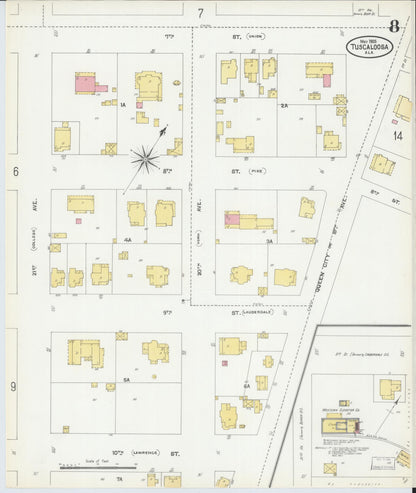 Sanborn Fire Insurance Map from Tuscaloosa, Tuscaloosa County, Alabama (1905), Sheet #0008 - Complete Map Set gallery image, historic Sanborn map, vintage wall art, Alabama Alabama