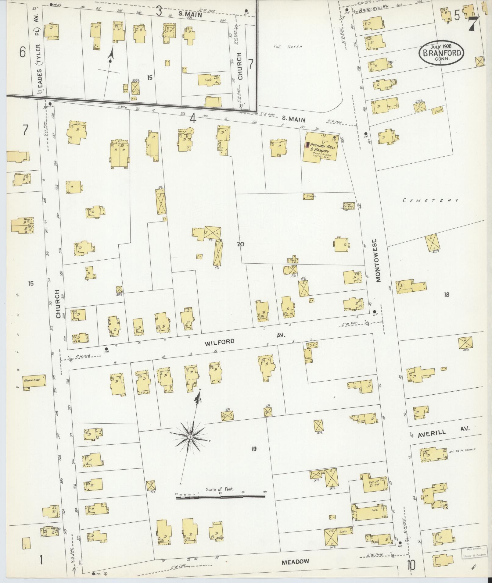 Sanborn Fire Insurance Map from Branford, New Haven County, Connecticut (1908), Sheet #0007 - Historic Sanborn Fire Insurance Map Print, vintage old map wall art, antique decor, genealogy gift, Connecticut Connecticut map