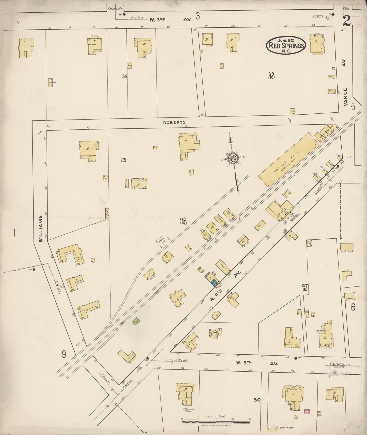 Sanborn Fire Insurance Map from Red Springs, Robeson County, North Carolina (1922), Sheet #0002 - Complete Map Set gallery image, historic Sanborn map, vintage wall art, North Carolina North Carolina