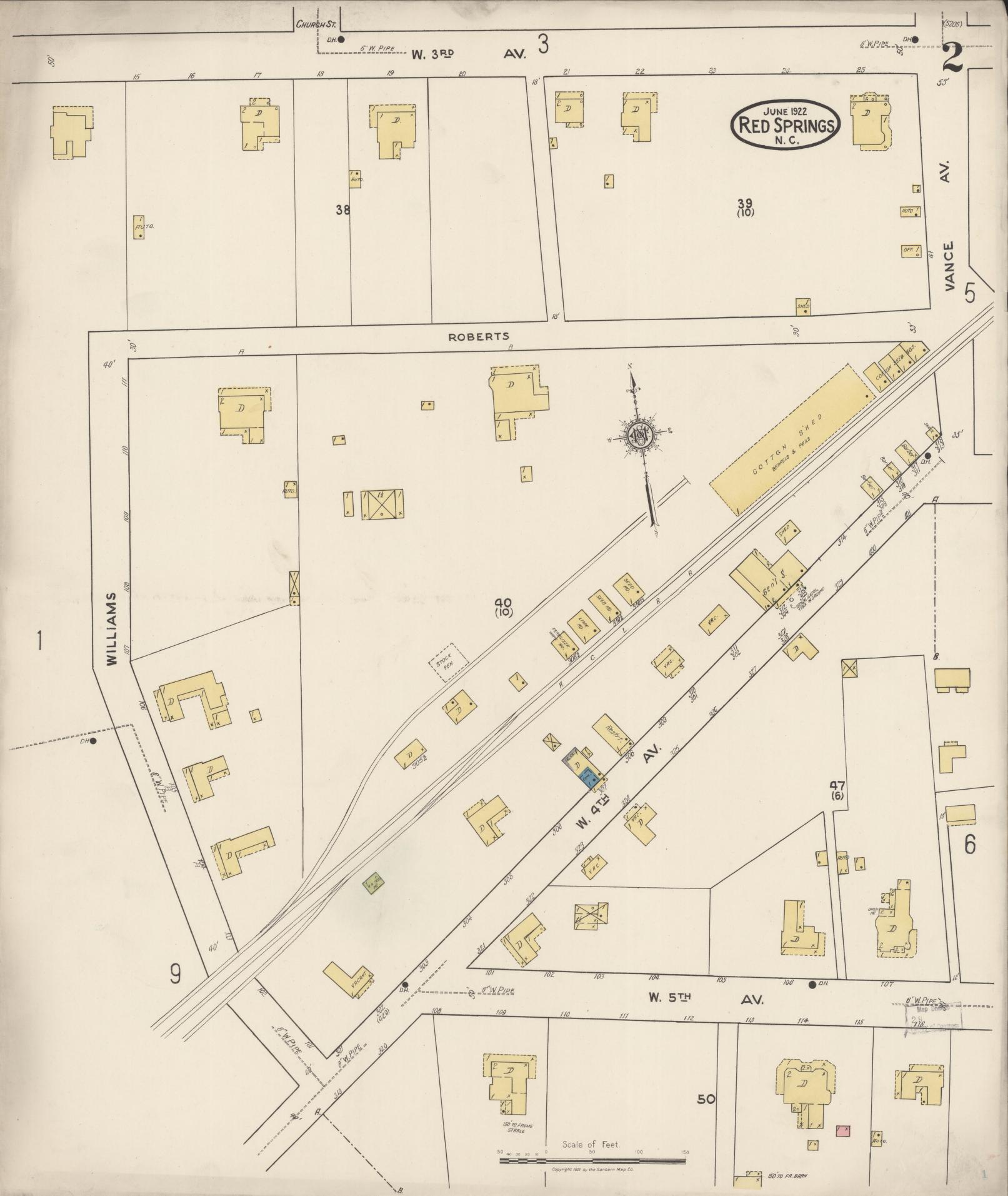 Sanborn Fire Insurance Map from Red Springs, Robeson County, North Carolina (1922), Sheet #0002 - Complete Map Set gallery image, historic Sanborn map, vintage wall art, North Carolina North Carolina