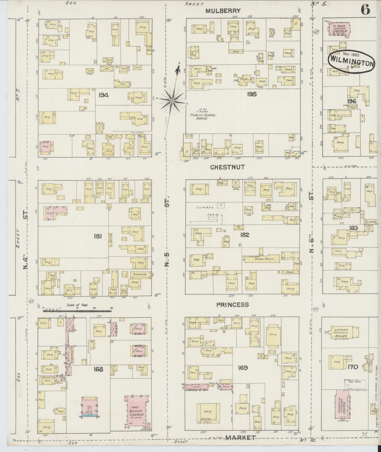 Sanborn Fire Insurance Map from Wilmington, New Hanover County, North Carolina (1889), Sheet #0006 - Complete Map Set gallery image, historic Sanborn map, vintage wall art, North Carolina North Carolina