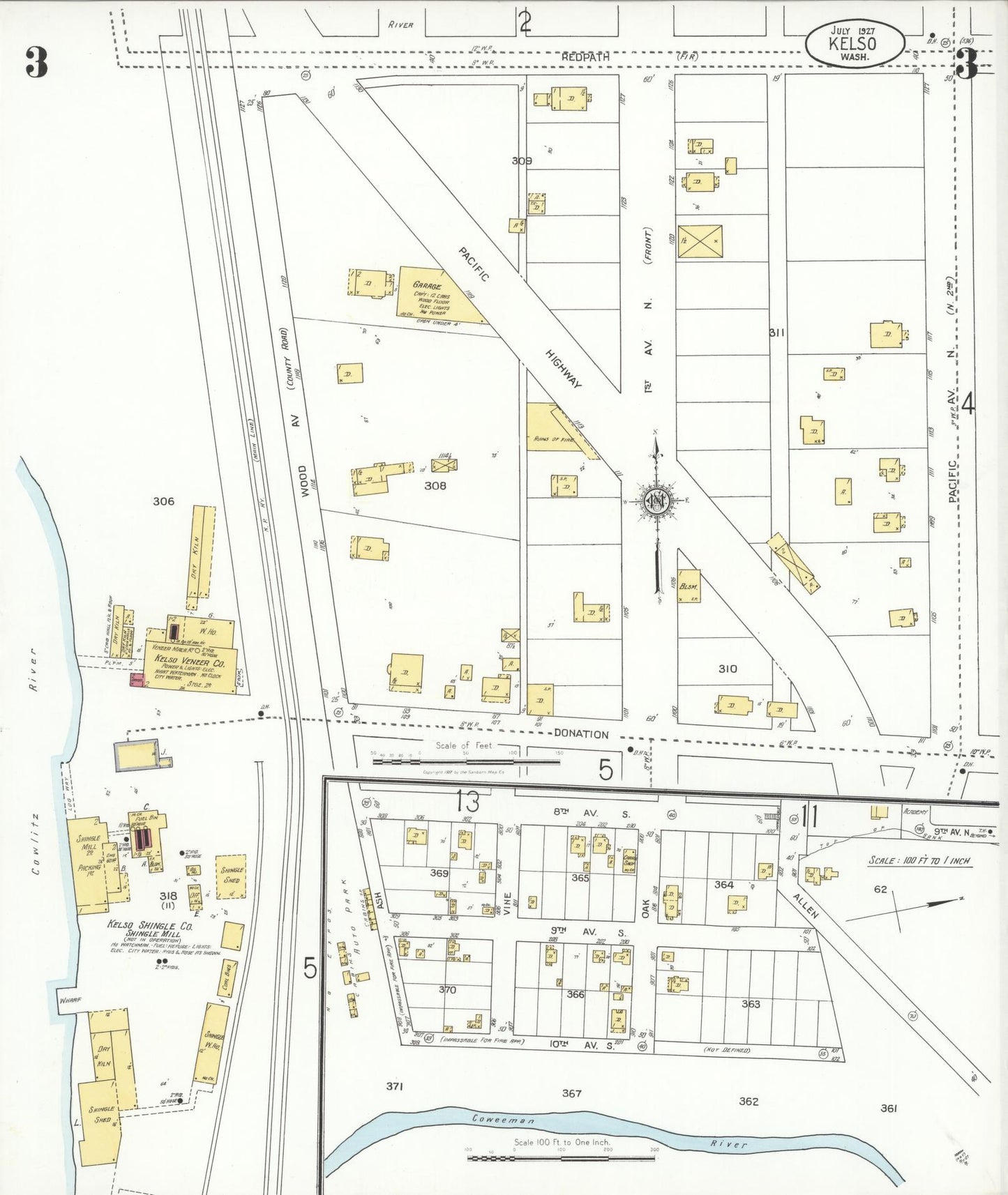 Sanborn Fire Insurance Map from Kelso, Cowlitz County, Washington (1927), Sheet #0003 - Complete Map Set gallery image, historic Sanborn map, vintage wall art, Washington Washington