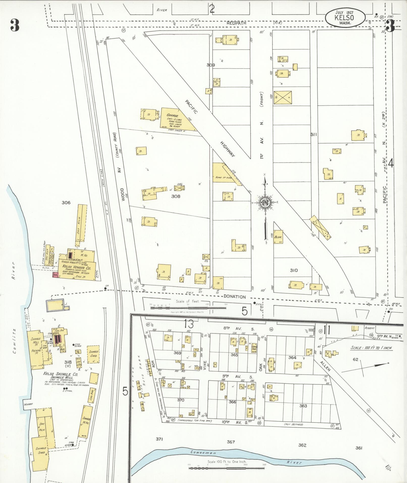 Sanborn Fire Insurance Map from Kelso, Cowlitz County, Washington (1927), Sheet #0003 - Complete Map Set gallery image, historic Sanborn map, vintage wall art, Washington Washington