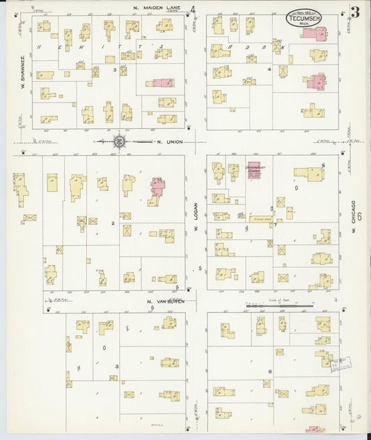 Sanborn Fire Insurance Map from Tecumseh, Lenawee County, Michigan (1912), Sheet #0003 - Historic Sanborn Fire Insurance Map Print, vintage old map wall art, antique decor, genealogy gift, Michigan Michigan map