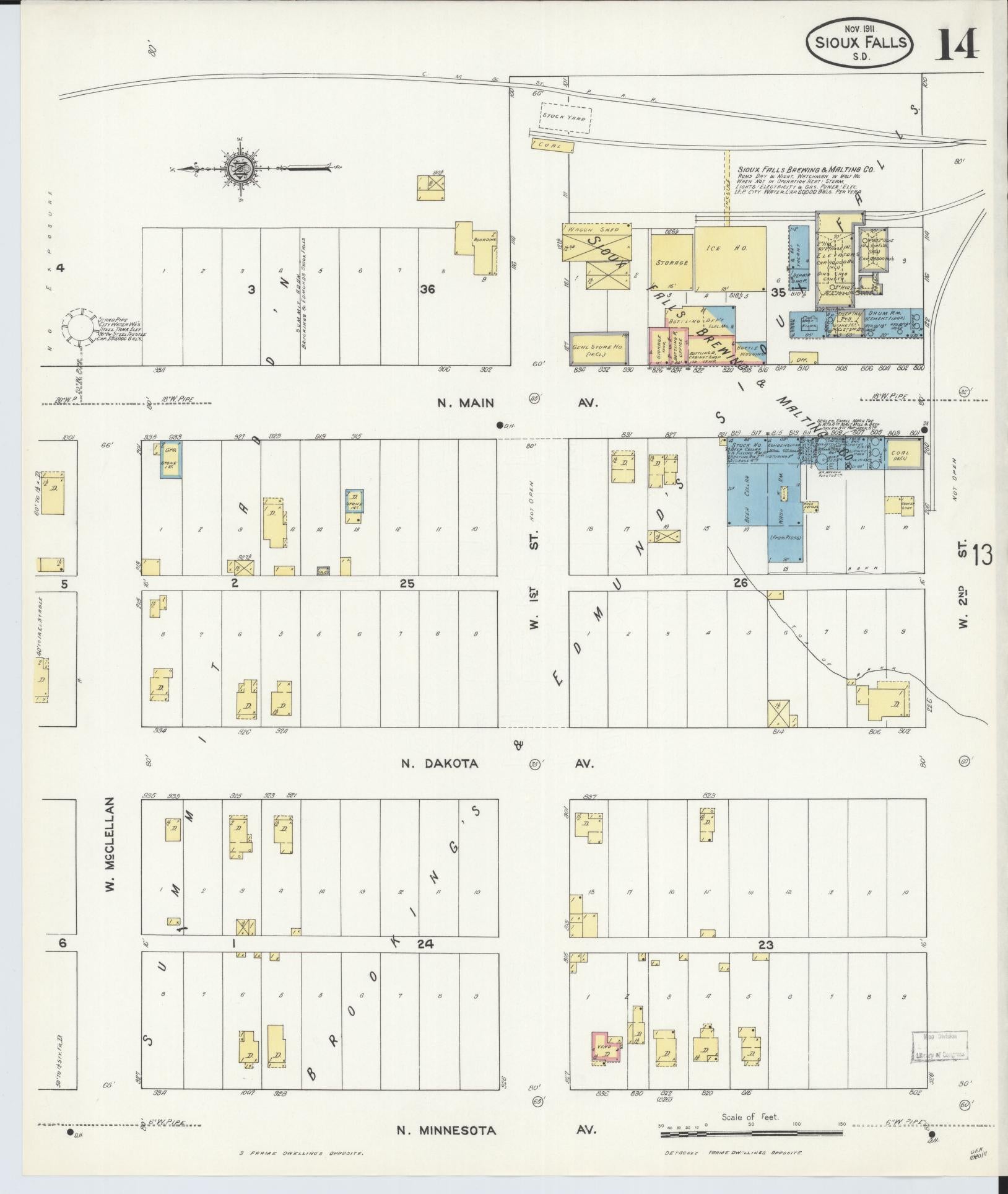 Sanborn Fire Insurance Map from Sioux Falls, Minnehaha County, South Dakota (1911), Sheet #0014 - Complete Map Set gallery image, historic Sanborn map, vintage wall art, South Dakota South Dakota