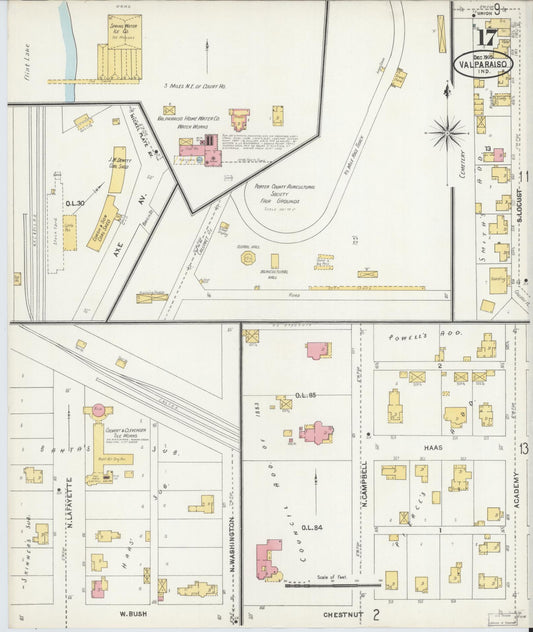 Sanborn Fire Insurance Map from Valparaiso, Porter County, Indiana (1905), Sheet #0017 - Historic Sanborn Fire Insurance Map Print, vintage old map wall art, antique decor, genealogy gift, Indiana Indiana map