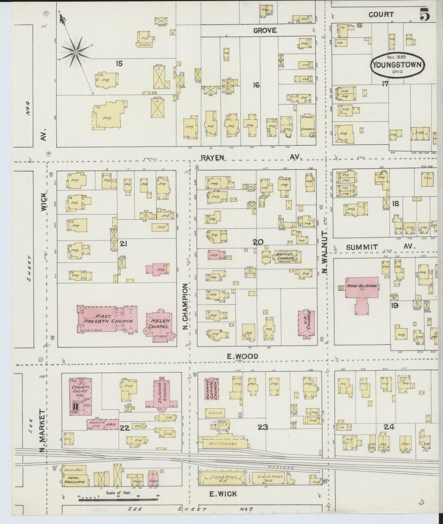Sanborn Fire Insurance Map from Youngstown, Mahoning County, Ohio (1889), Sheet #0005 - Complete Map Set gallery image, historic Sanborn map, vintage wall art, Ohio Ohio