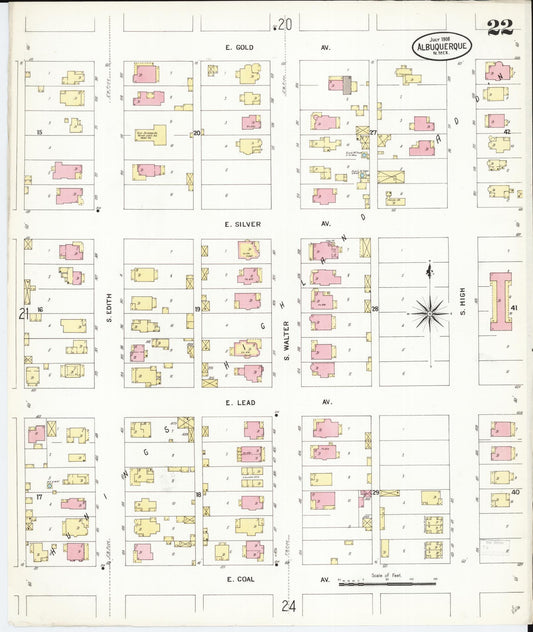 Sanborn Fire Insurance Map from Albuquerque, Bernalillo County, New Mexico (1908), Sheet #0022 - Historic Sanborn Fire Insurance Map Print, vintage old map wall art, antique decor, genealogy gift, New Mexico New Mexico map