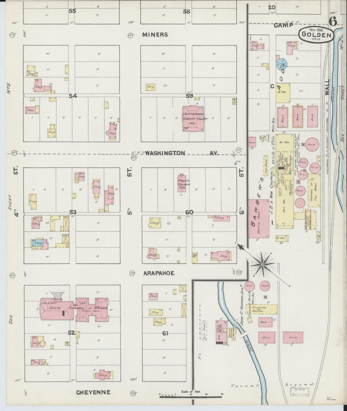 Sanborn Fire Insurance Map from Golden, Jefferson County, Colorado (1890), Sheet #0006 - Historic Sanborn Fire Insurance Map Print, vintage old map wall art, antique decor, genealogy gift, Colorado Colorado map