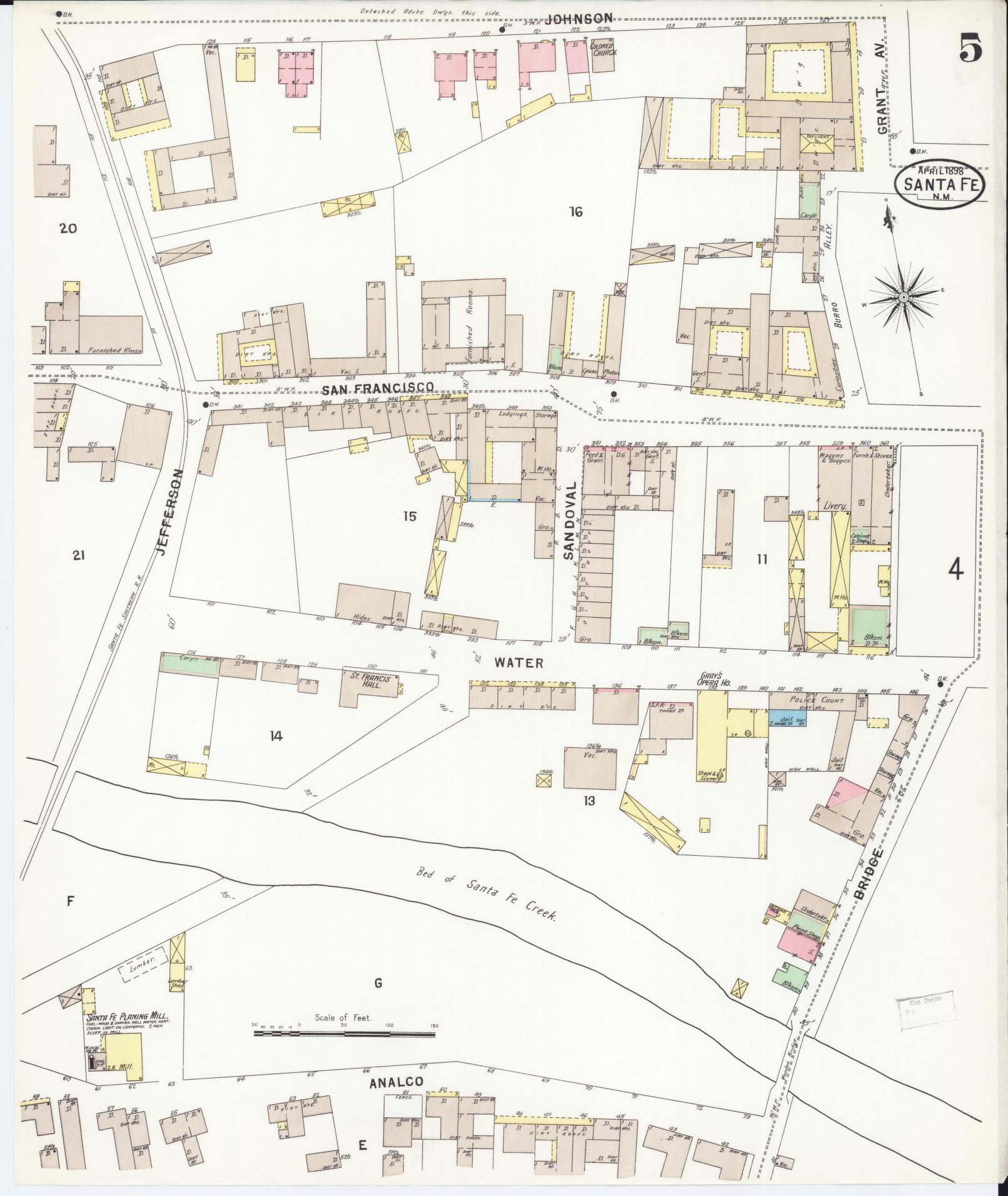 Sanborn Fire Insurance Map from Santa Fe, Santa Fe County, New Mexico (1898), Sheet #0005 - Complete Map Set gallery image, historic Sanborn map, vintage wall art, New Mexico New Mexico