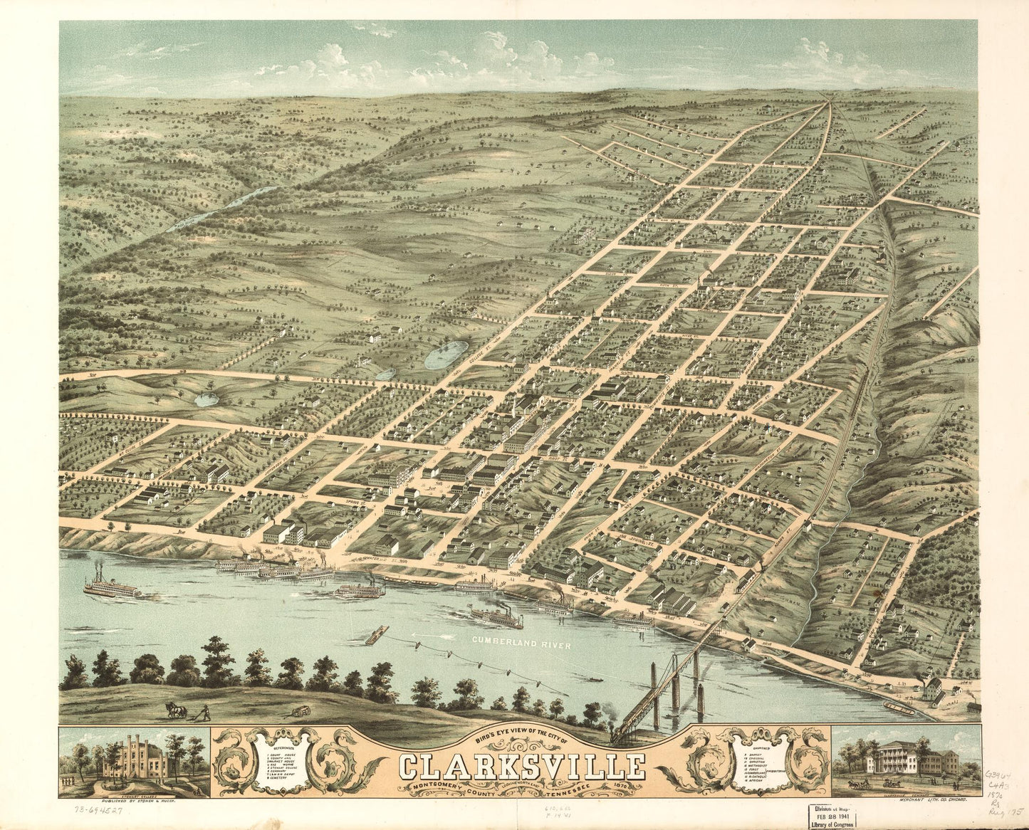 Bird's eye view of the city of Clarksville, Montgomery County, Tennessee 1870. (1870) – Historic Bird’s-Eye View Panorama Print