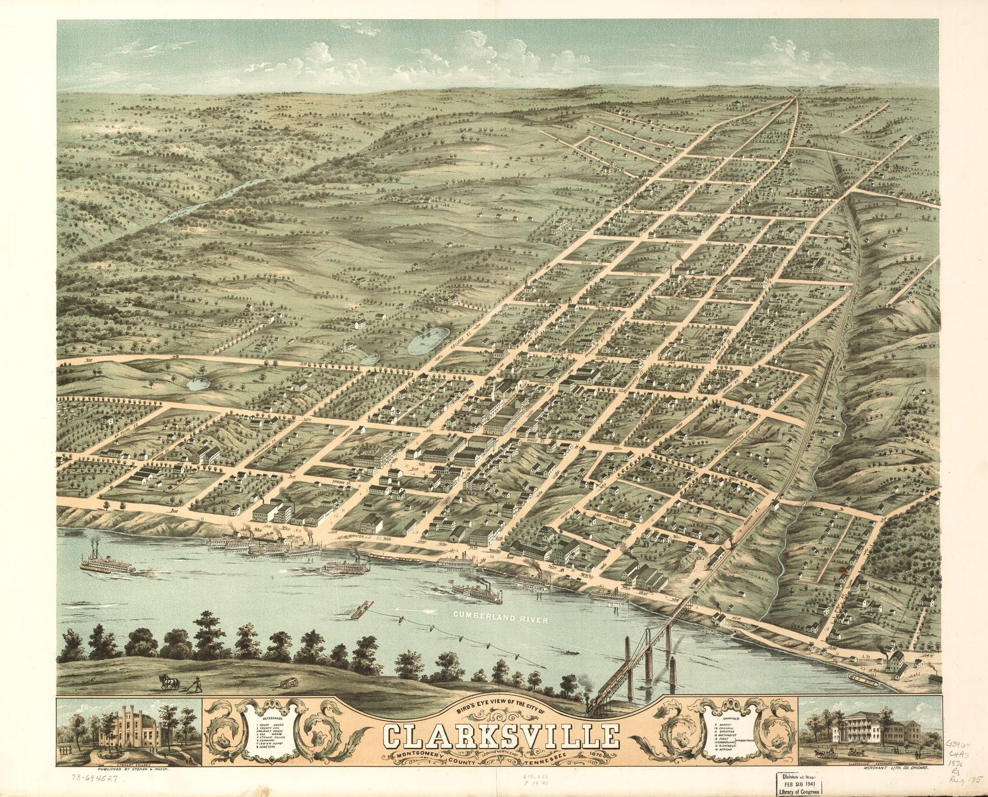 Bird's eye view of the city of Clarksville, Montgomery County, Tennessee 1870. (1870) – Historic Bird’s-Eye View Panorama Print