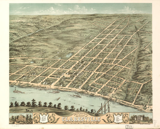 Bird's eye view of the city of Clarksville, Montgomery County, Tennessee 1870. (1870) – Historic Bird’s-Eye View Panorama Print
