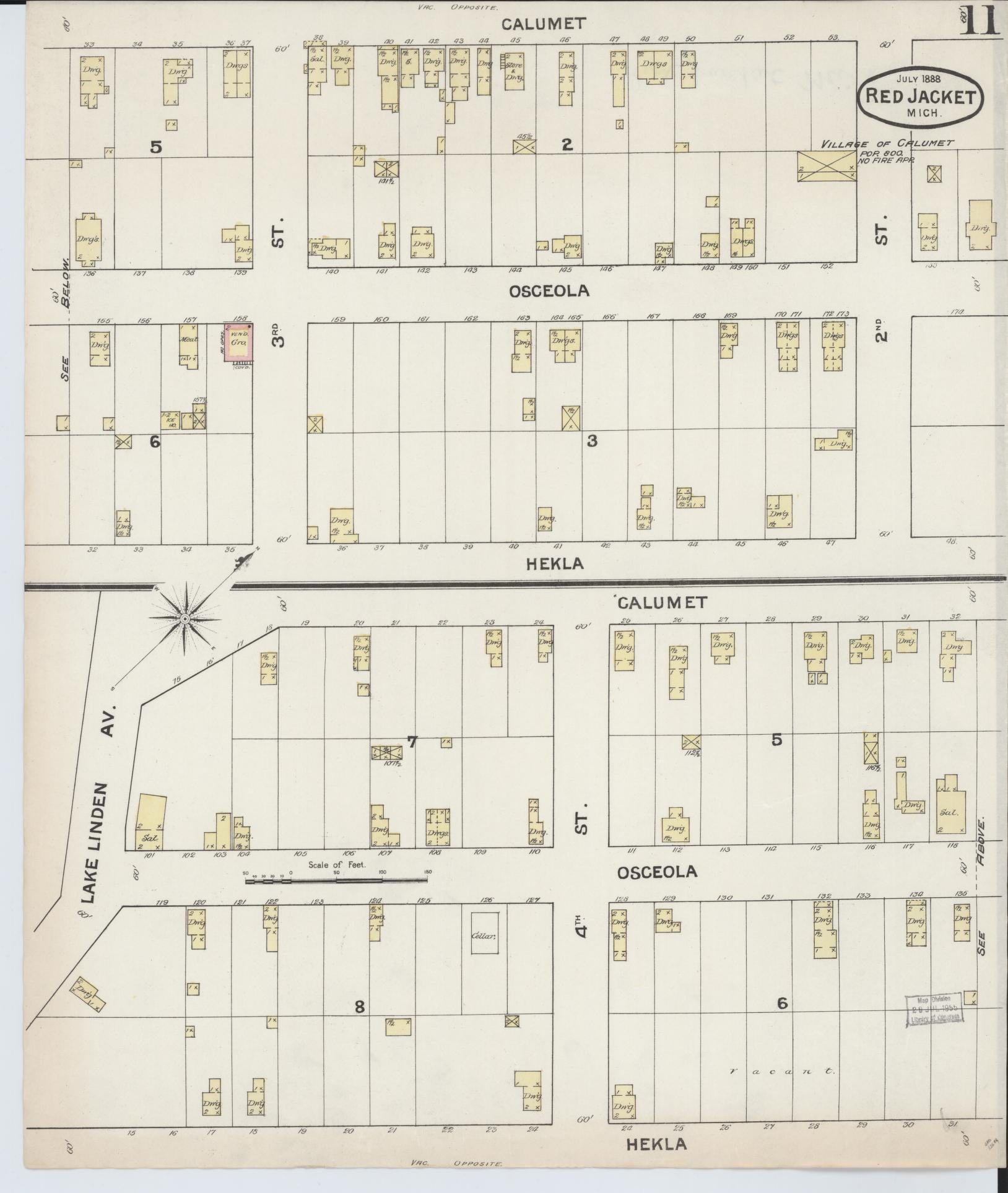 Sanborn Fire Insurance Map from Red Jacket, Houghton County, Michigan (1888), Sheet #0011 - Complete Map Set gallery image, historic Sanborn map, vintage wall art, Michigan Michigan