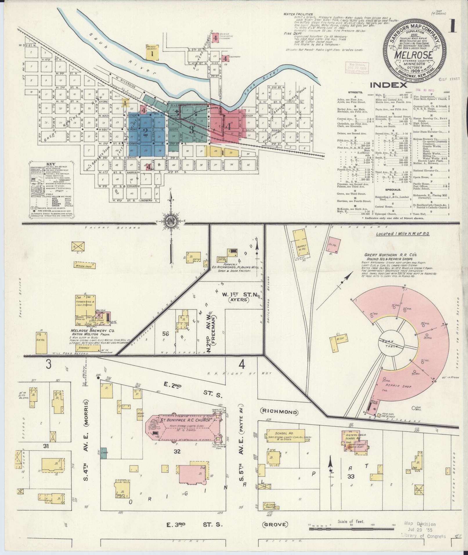 Sanborn Fire Insurance Map from Melrose, Stearns County, Minnesota (1909), Sheet #0001 - Historic Sanborn Fire Insurance Map Print, vintage old map wall art, antique decor, genealogy gift, Minnesota Minnesota map
