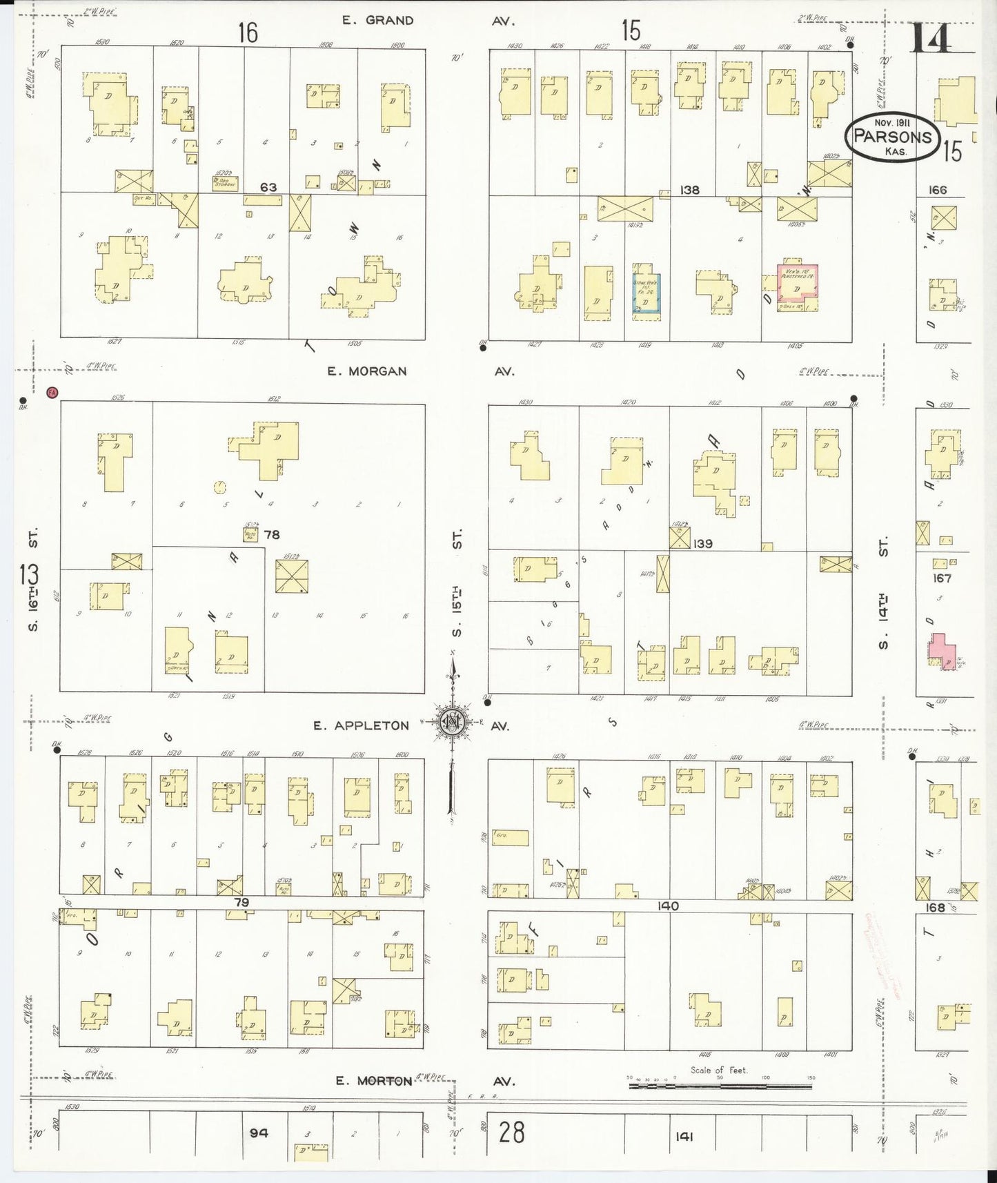 Sanborn Fire Insurance Map from Parsons, Labette County, Kansas (1911), Sheet #0014 - Complete Map Set gallery image, historic Sanborn map, vintage wall art, Kansas Kansas