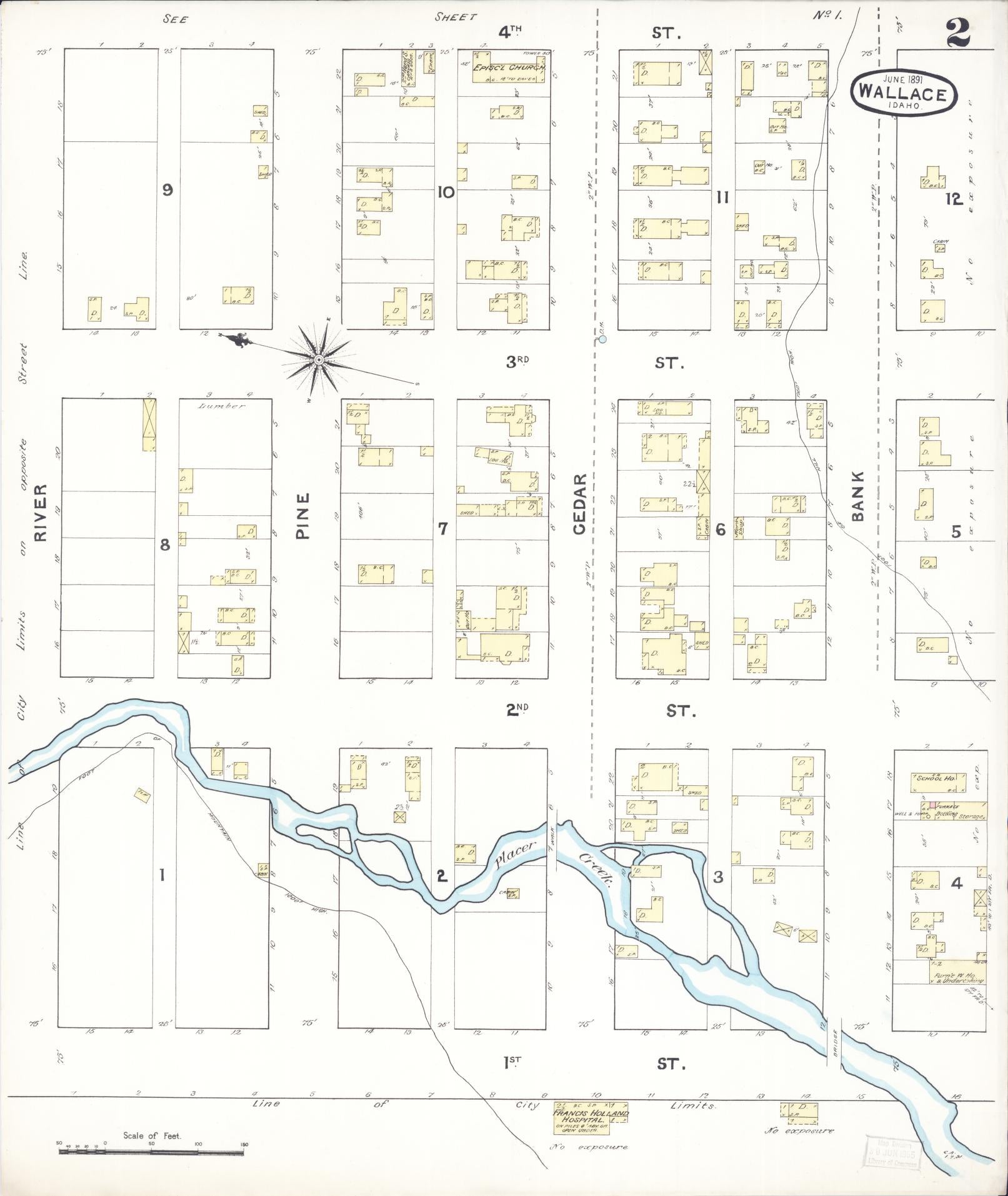 Sanborn Fire Insurance Map from Wallace, Shoshone County, Idaho (1891), Sheet #0002 - Complete Map Set gallery image, historic Sanborn map, vintage wall art, Idaho Idaho
