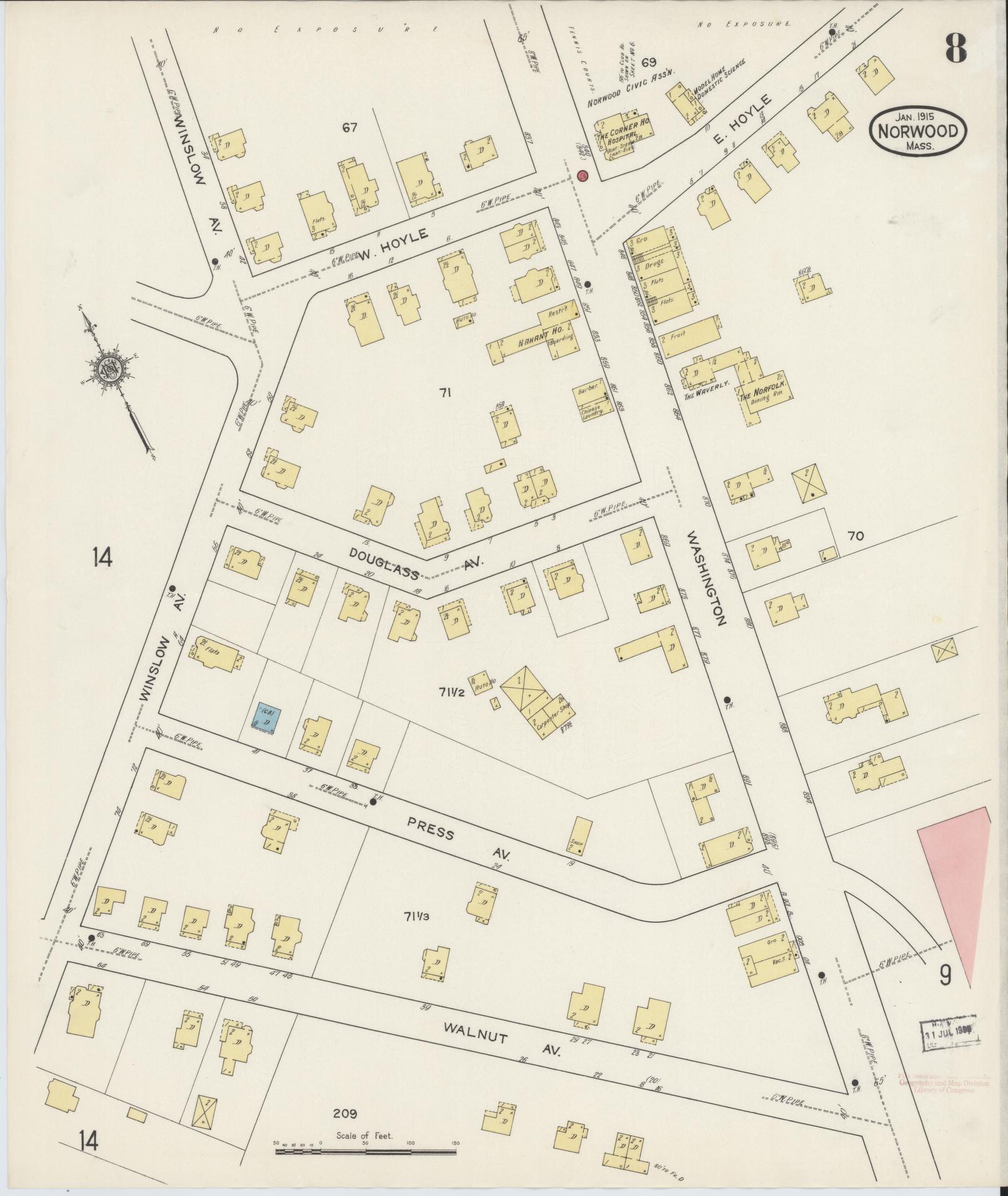 Sanborn Fire Insurance Map from Norwood, Norfolk County, Massachusetts (1915), Sheet #0008 - Historic Sanborn Fire Insurance Map Print, vintage old map wall art, antique decor, genealogy gift, Massachusetts Massachusetts map