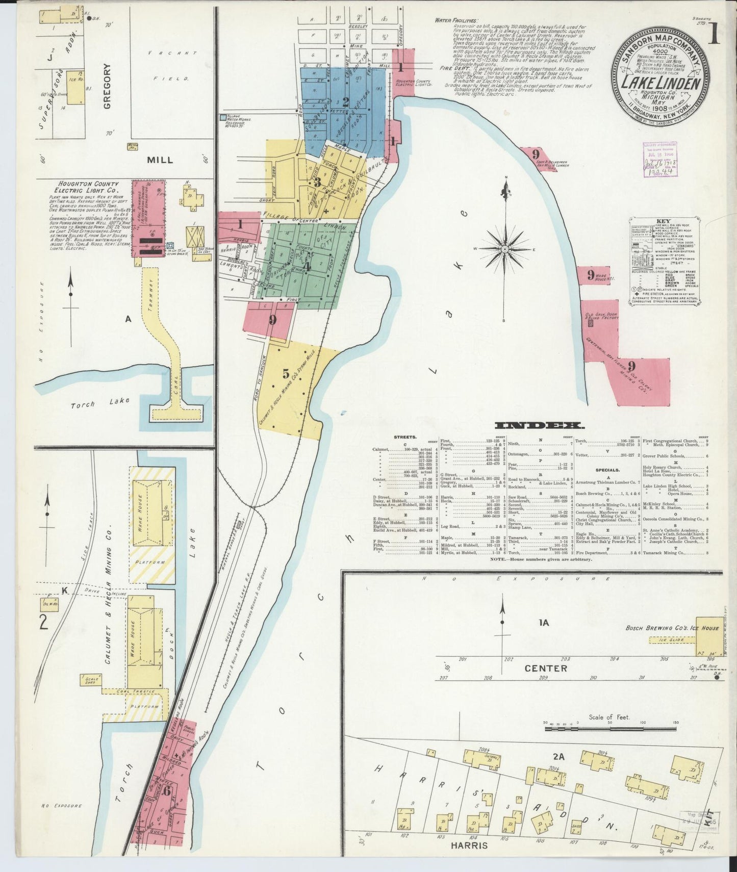 Sanborn Fire Insurance Map from Lake Linden, Houghton County, Michigan (1908), Sheet #0001 - Historic Sanborn Fire Insurance Map Print, vintage old map wall art, antique decor, genealogy gift, Michigan Michigan map