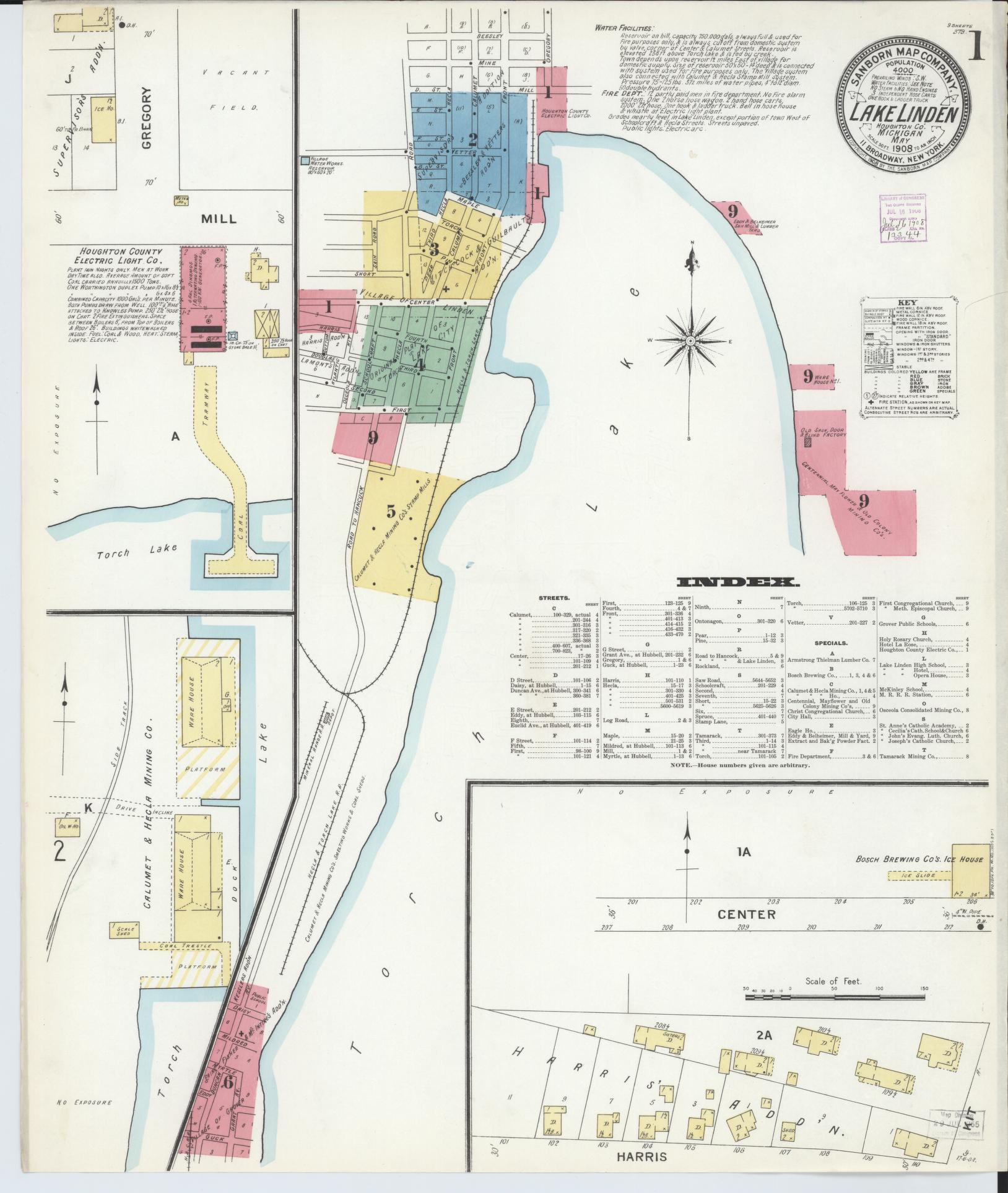 Sanborn Fire Insurance Map from Lake Linden, Houghton County, Michigan (1908), Sheet #0001 - Historic Sanborn Fire Insurance Map Print, vintage old map wall art, antique decor, genealogy gift, Michigan Michigan map