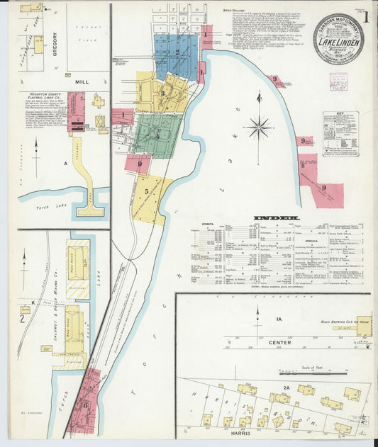Sanborn Fire Insurance Map from Lake Linden, Houghton County, Michigan (1908), Sheet #0001 - Historic Sanborn Fire Insurance Map Print, vintage old map wall art, antique decor, genealogy gift, Michigan Michigan map