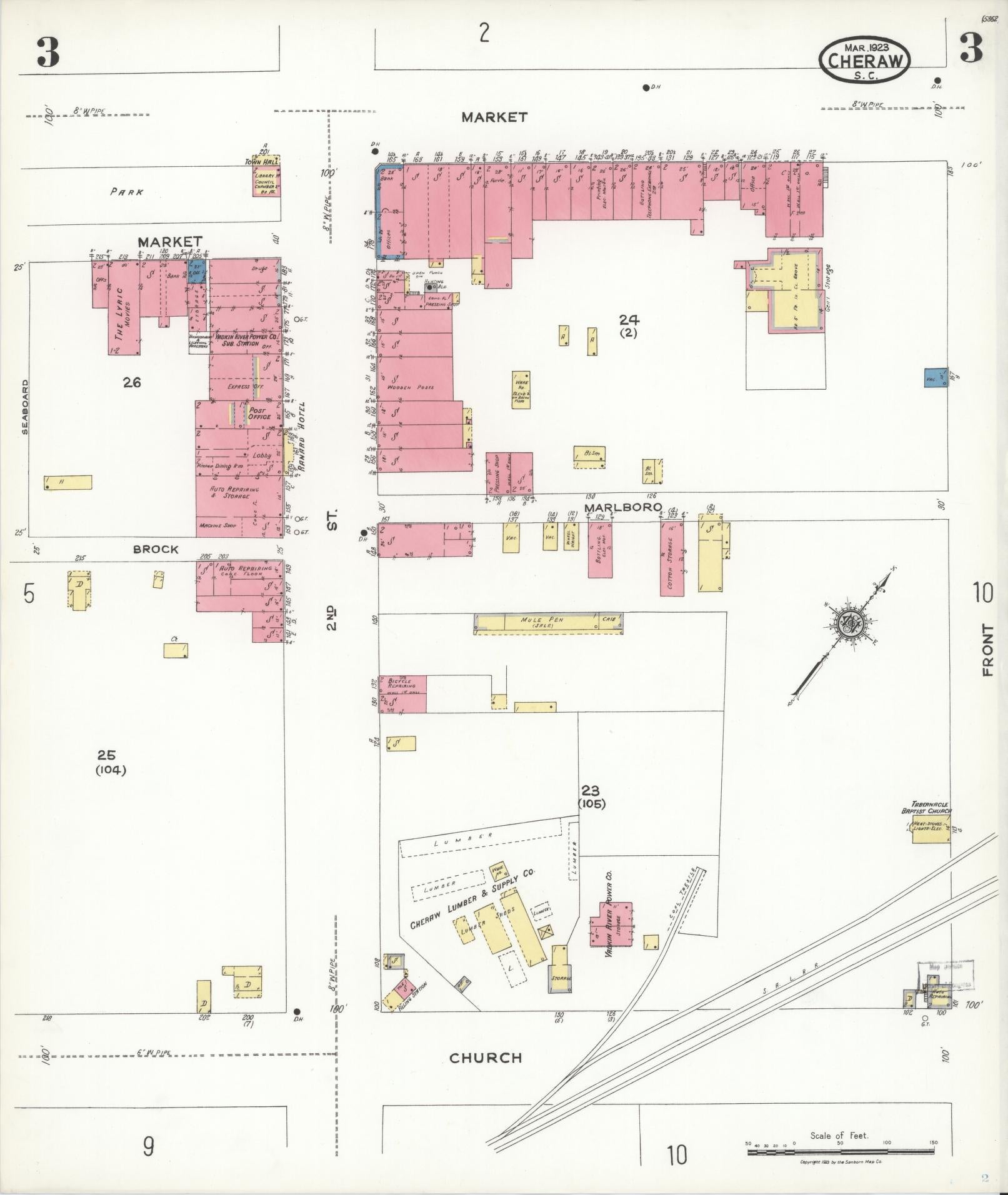 Sanborn Fire Insurance Map from Cheraw, Chesterfield County, South Carolina (1923), Sheet #0003 - Historic Sanborn Fire Insurance Map Print, vintage old map wall art, antique decor, genealogy gift, South Carolina South Carolina map