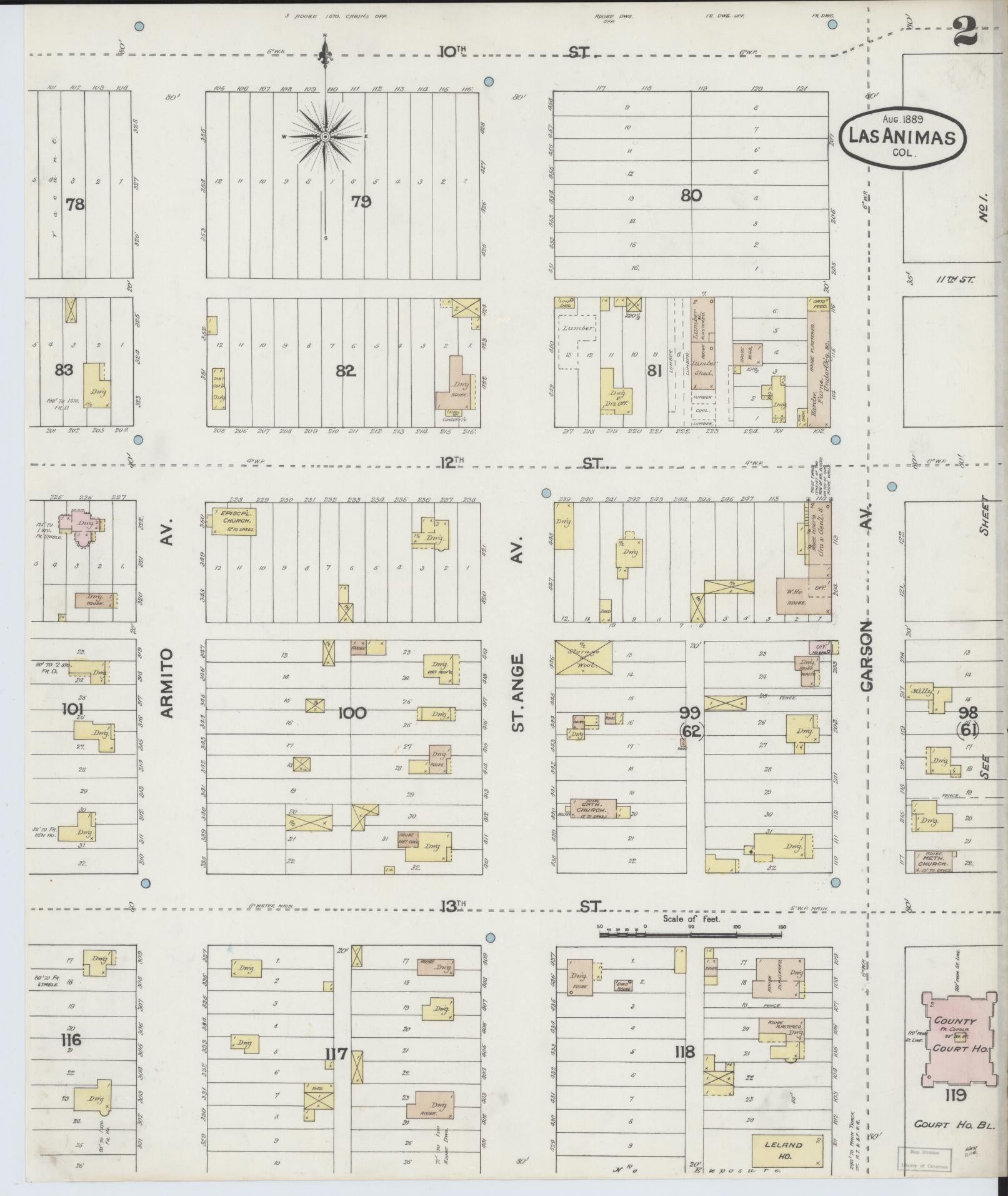 Sanborn Fire Insurance Map from Las Animas, Bent County, Colorado (1889), Sheet #0002 - Historic Sanborn Fire Insurance Map Print, vintage old map wall art, antique decor, genealogy gift, Colorado Colorado map