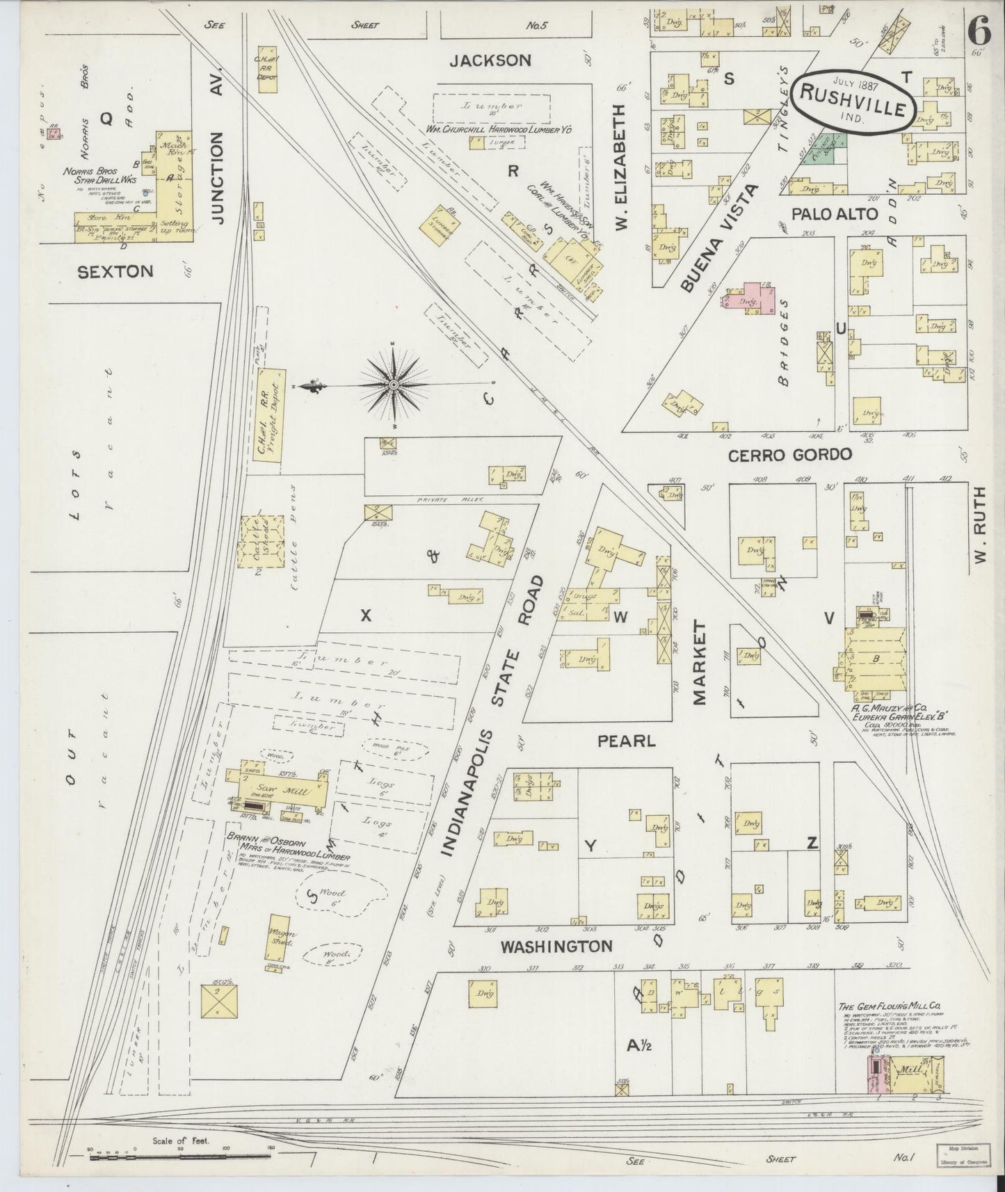 Sanborn Fire Insurance Map from Rushville, Rush County, Indiana (1887), Sheet #0006 - Historic Sanborn Fire Insurance Map Print, vintage old map wall art, antique decor, genealogy gift, Indiana Indiana map