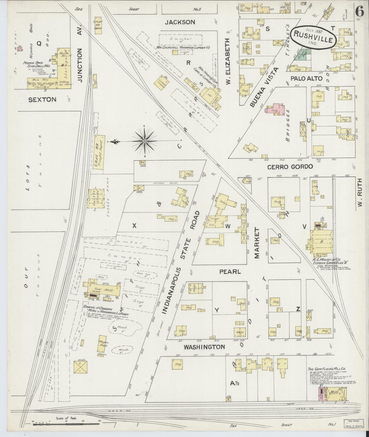 Sanborn Fire Insurance Map from Rushville, Rush County, Indiana (1887), Sheet #0006 - Historic Sanborn Fire Insurance Map Print, vintage old map wall art, antique decor, genealogy gift, Indiana Indiana map