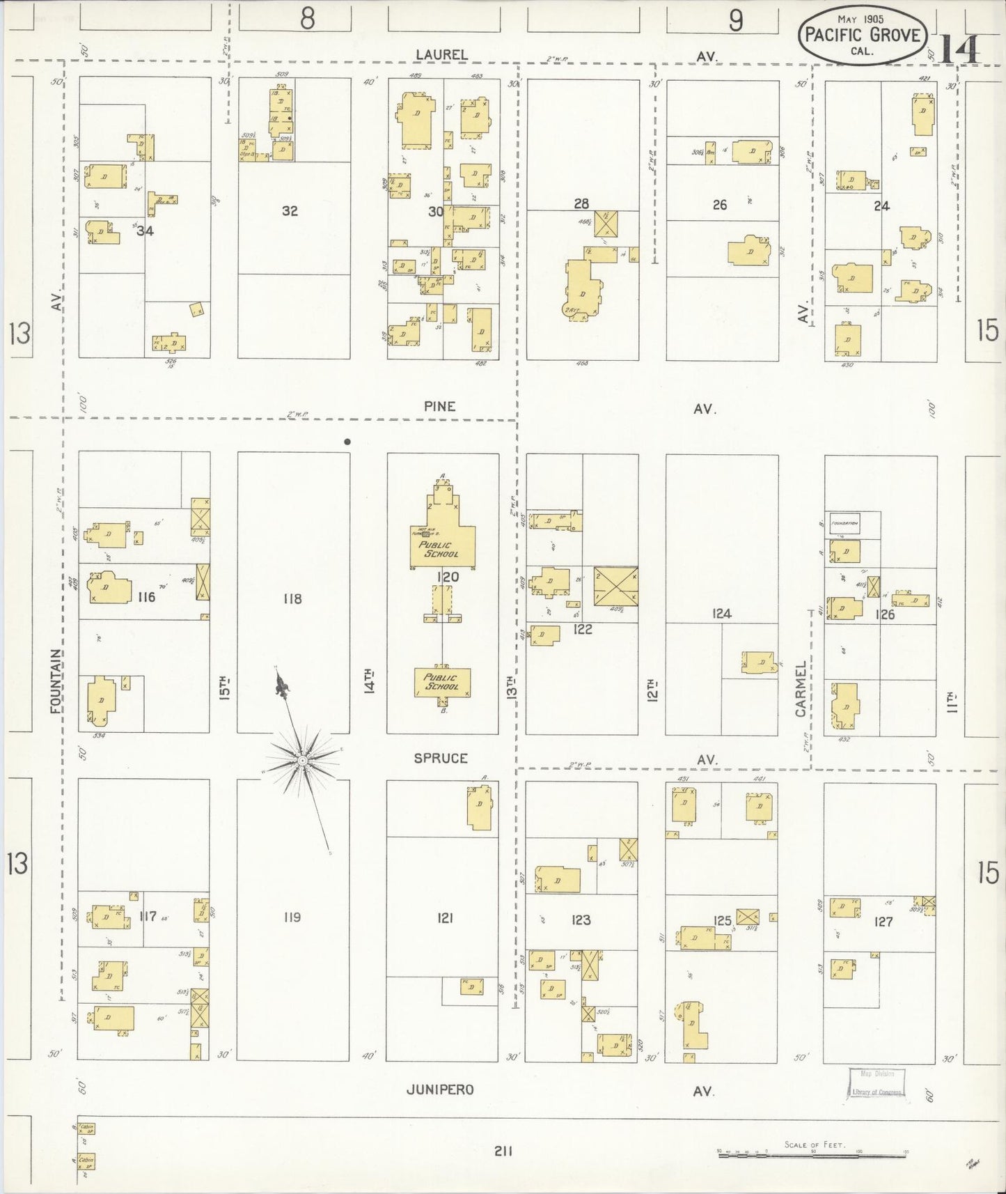 Sanborn Fire Insurance Map from Pacific Grove, Monterey County, California (1905), Sheet #0014 - Complete Map Set gallery image, historic Sanborn map, vintage wall art, California California
