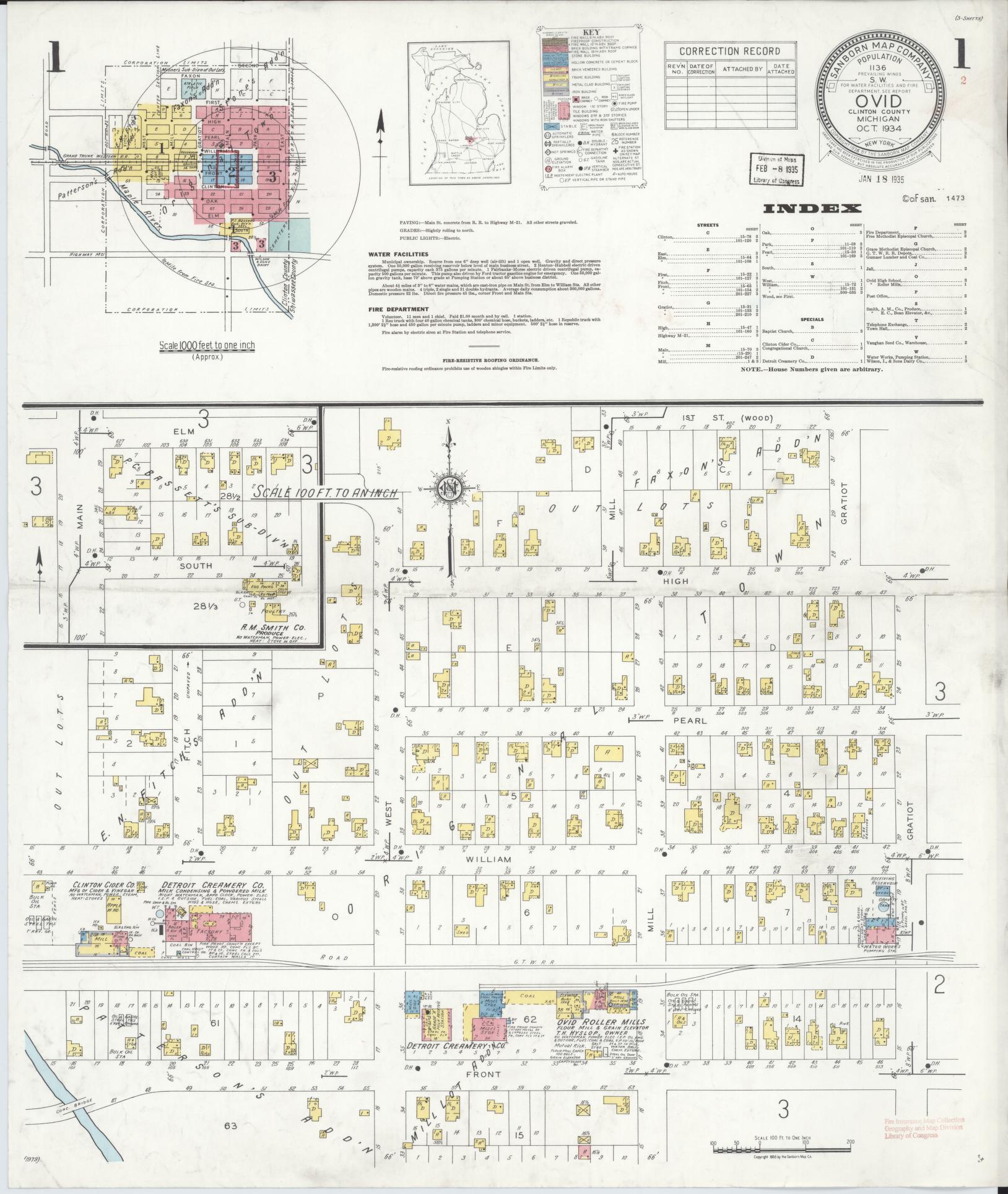 Sanborn Fire Insurance Map from Ovid, Clinton County, Michigan (1934), Sheet #0001 - Complete Map Set gallery image, historic Sanborn map, vintage wall art, Michigan Michigan