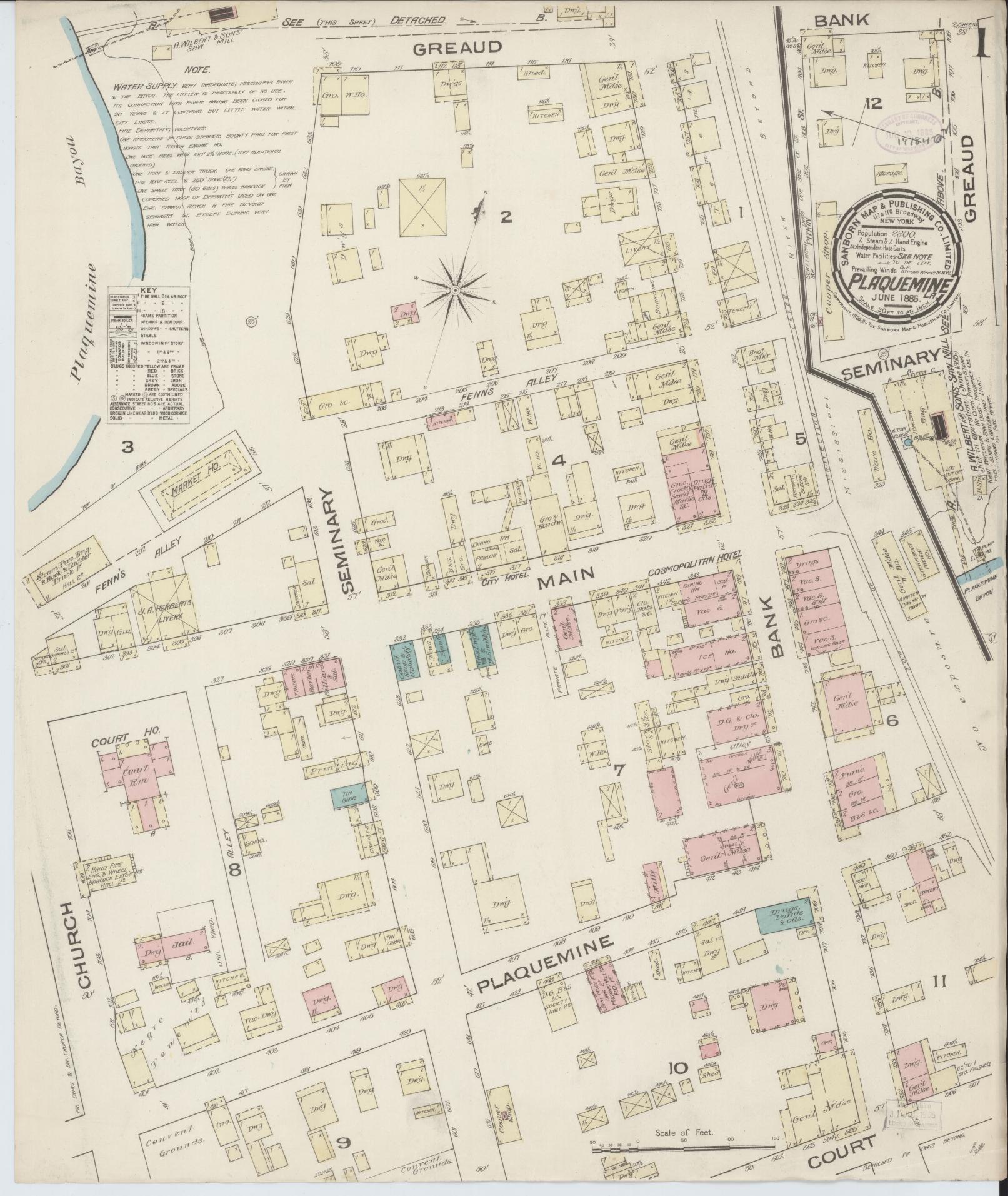 Sanborn Fire Insurance Map from Plaquemine, Iberville Parish, Louisiana. (1885) – Historic Sanborn Fire Insurance Map Print