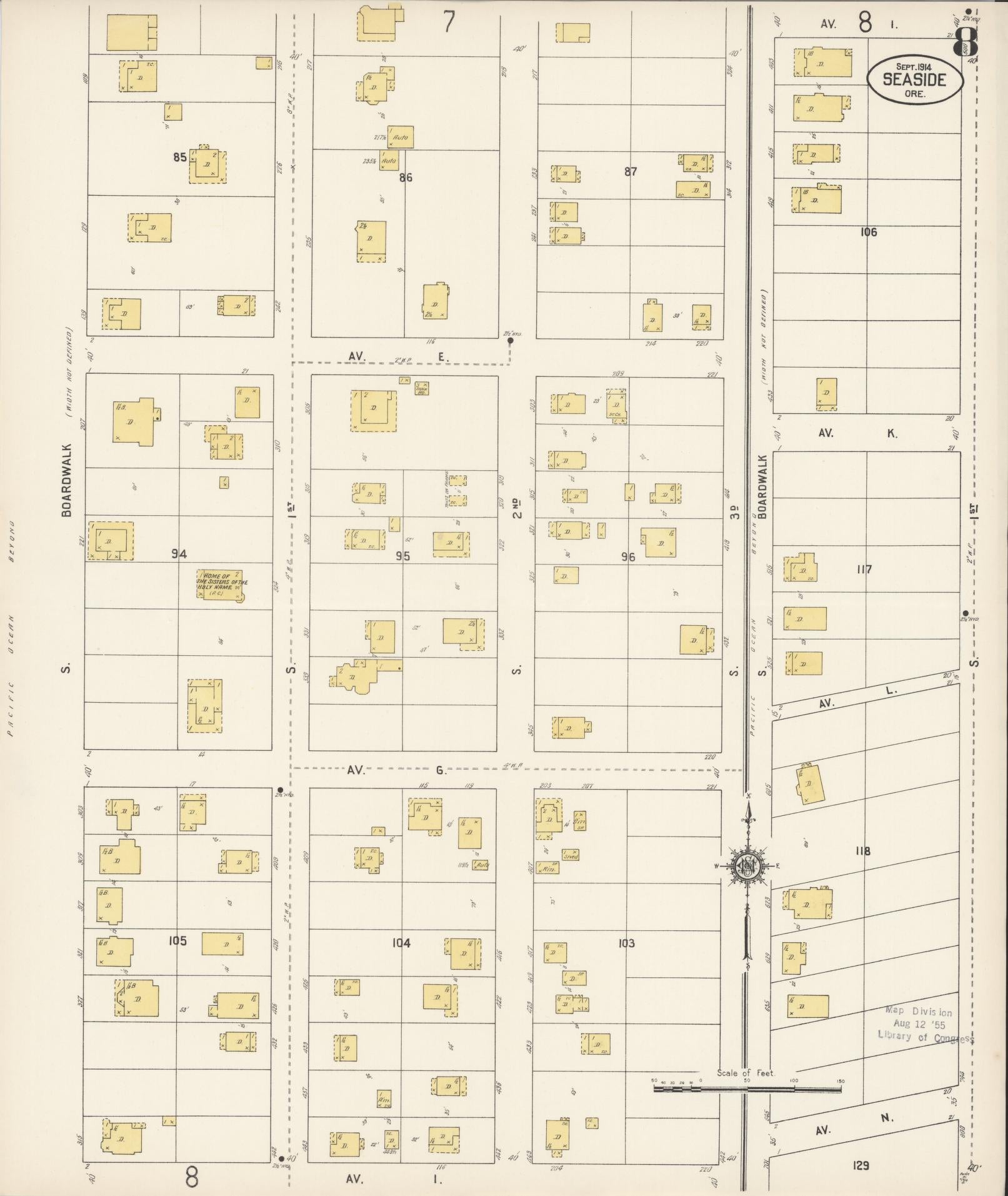 Sanborn Fire Insurance Map from Seaside, Clatsop County, Oregon (1914), Sheet #0008 - Complete Map Set gallery image, historic Sanborn map, vintage wall art, Oregon Oregon