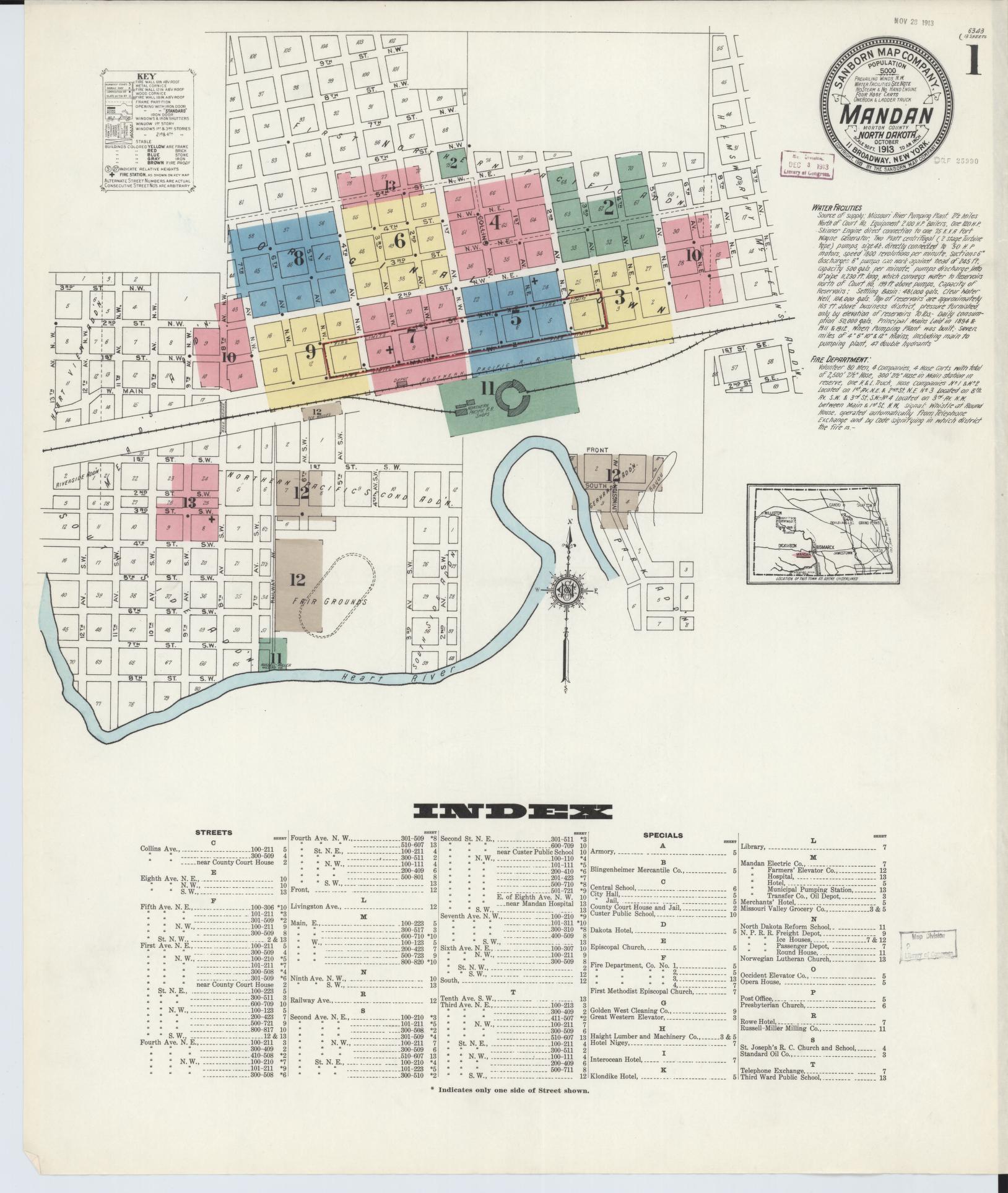 Sanborn Fire Insurance Map from Mandan, Morton County, North Dakota (1913), Sheet #0001 - Historic Sanborn Fire Insurance Map Print, vintage old map wall art, antique decor, genealogy gift, North Dakota North Dakota map