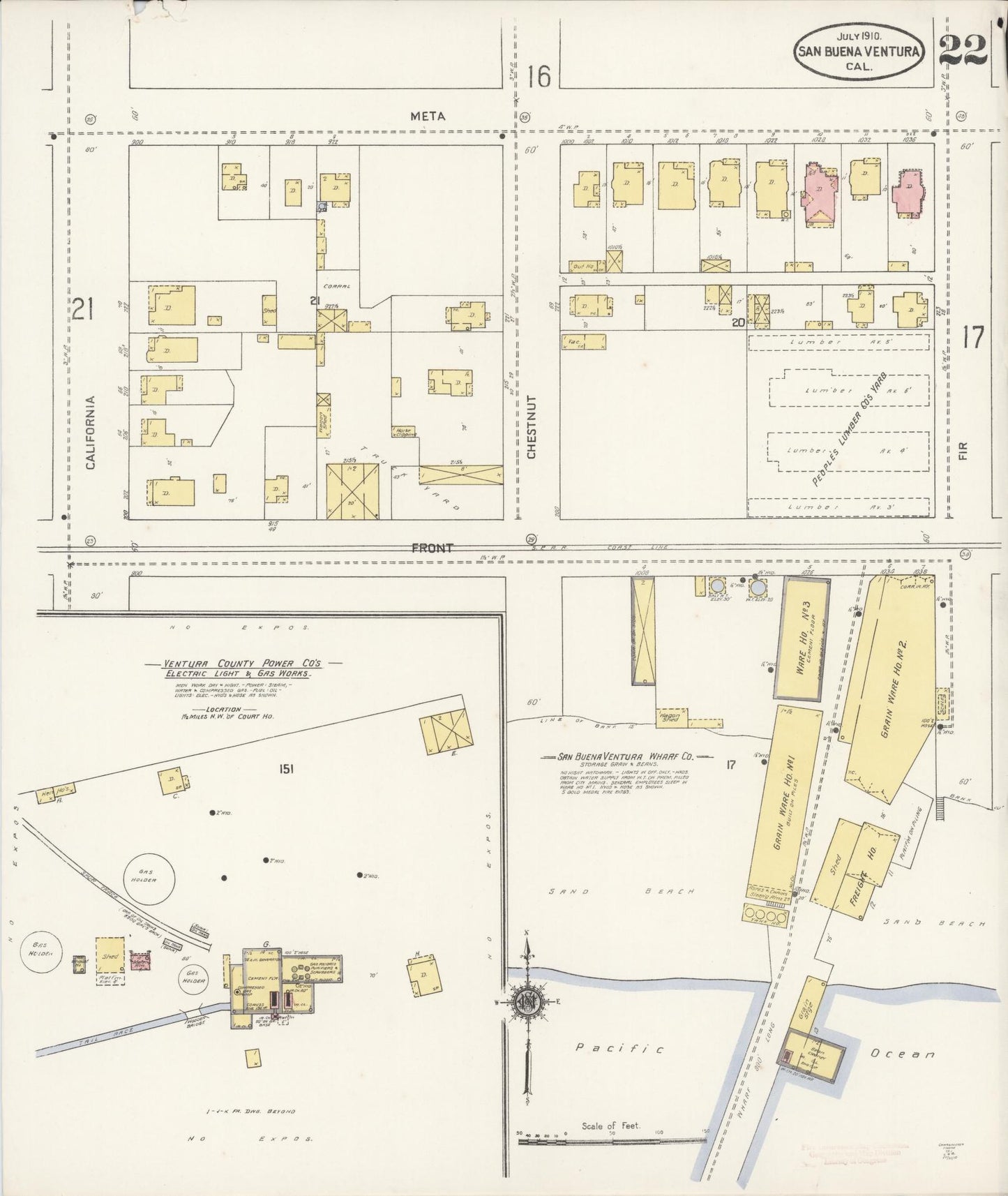 Sanborn Fire Insurance Map from San Buenaventura, Ventura County, California (1910), Sheet #0022 - Complete Map Set gallery image, historic Sanborn map, vintage wall art, California California