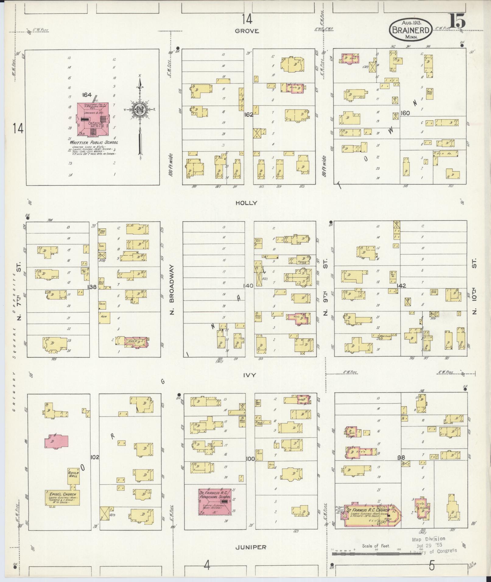 Sanborn Fire Insurance Map from Brainerd, Crow Wing County, Minnesota (1913), Sheet #0015 - Historic Sanborn Fire Insurance Map Print, vintage old map wall art, antique decor, genealogy gift, Minnesota Minnesota map