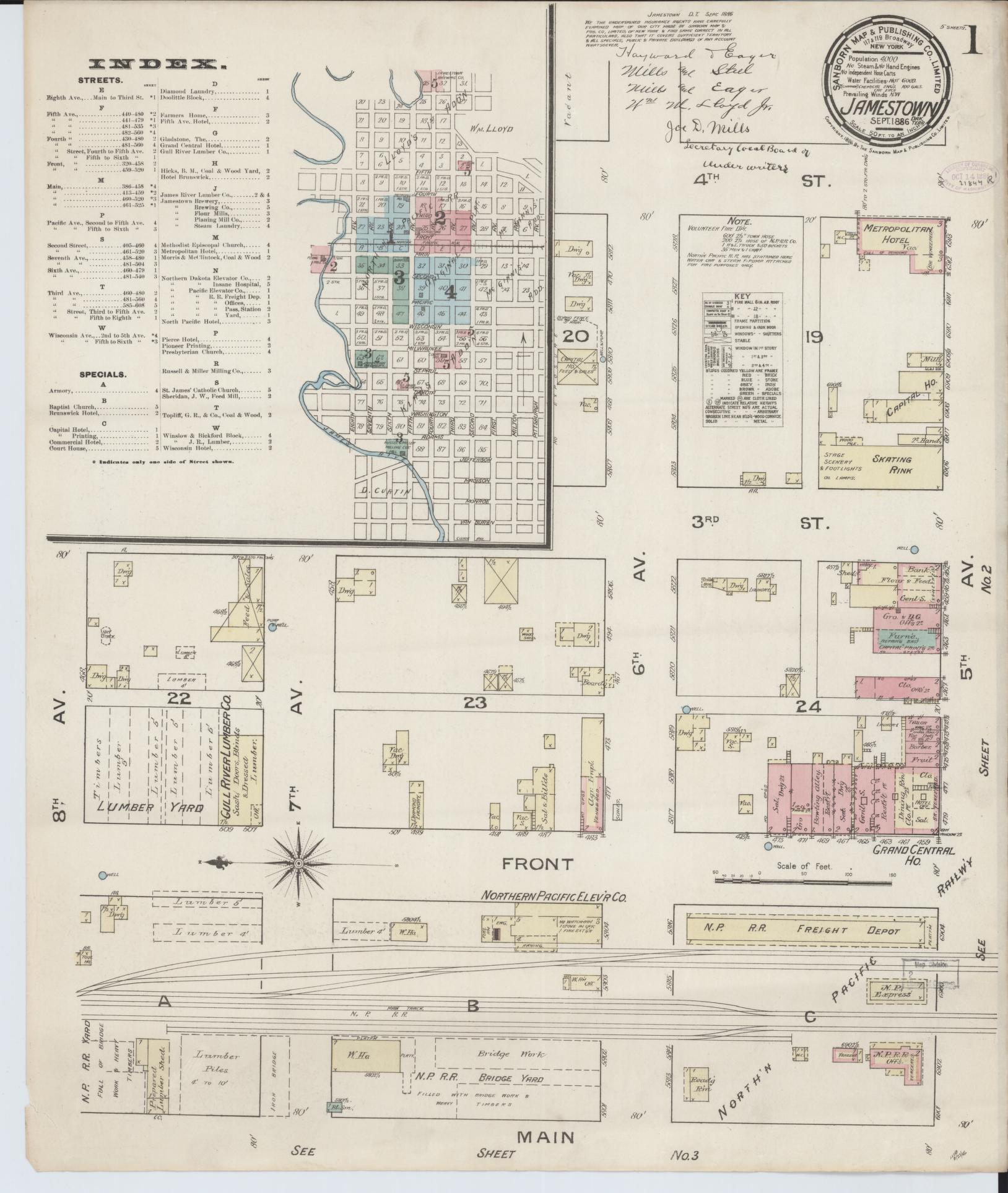 Sanborn Fire Insurance Map from Jamestown, Stutsman County, North Dakota (1886), Sheet #0001 - Historic Sanborn Fire Insurance Map Print, vintage old map wall art, antique decor, genealogy gift, North Dakota North Dakota map