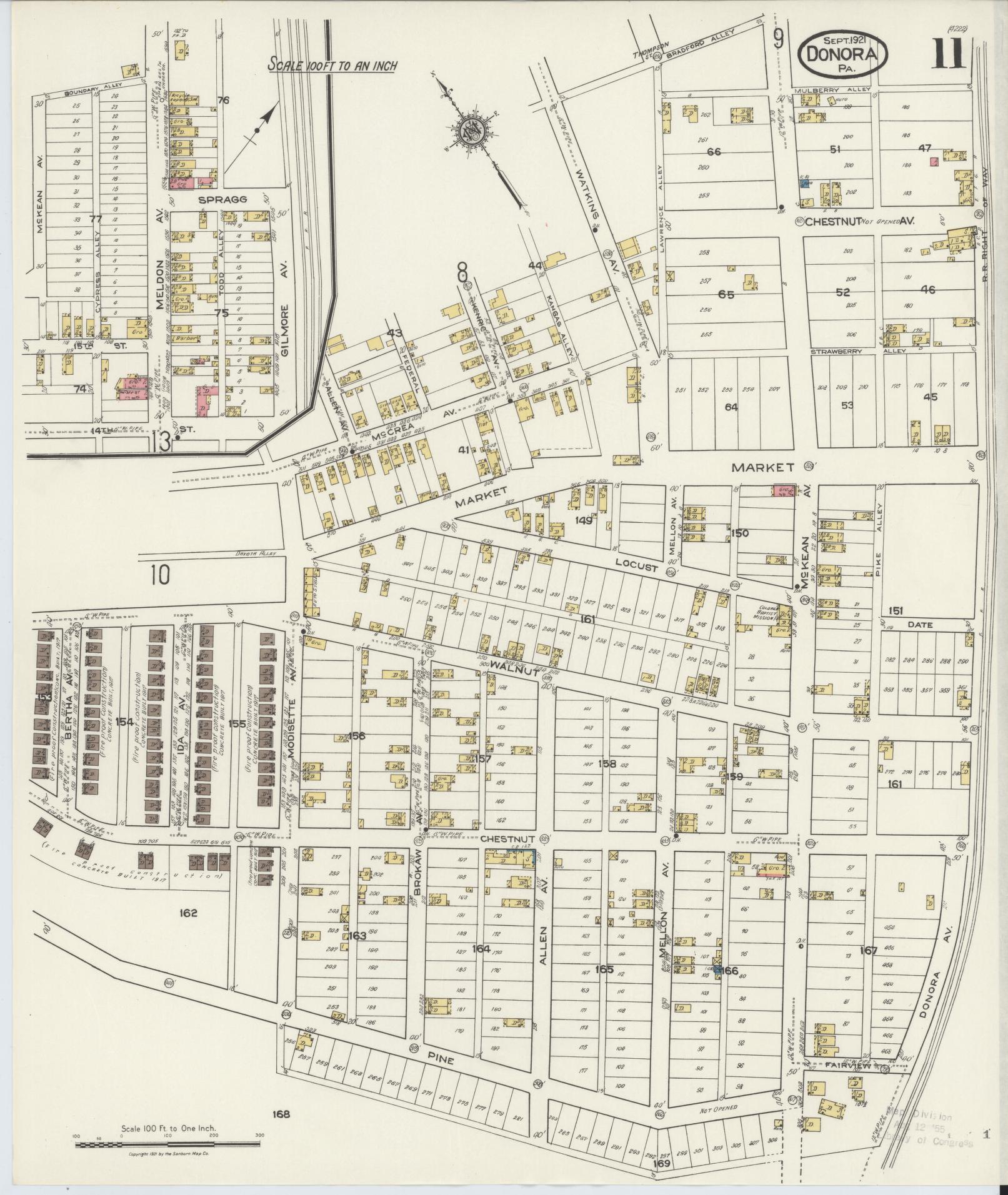 Sanborn Fire Insurance Map from Donora, Washington County, Pennsylvania (1921), Sheet #0011 - Historic Sanborn Fire Insurance Map Print, vintage old map wall art, antique decor, genealogy gift, Pennsylvania Pennsylvania map