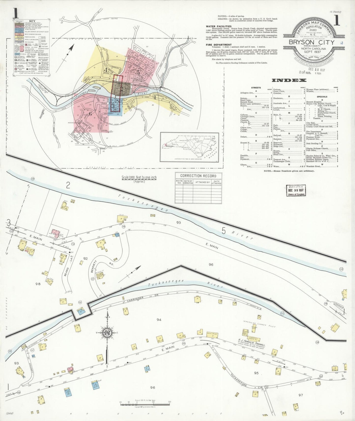 Sanborn Fire Insurance Map from Bryson City, Swain County, North Carolina (1937), Sheet #0001 - Complete Map Set gallery image, historic Sanborn map, vintage wall art, North Carolina North Carolina