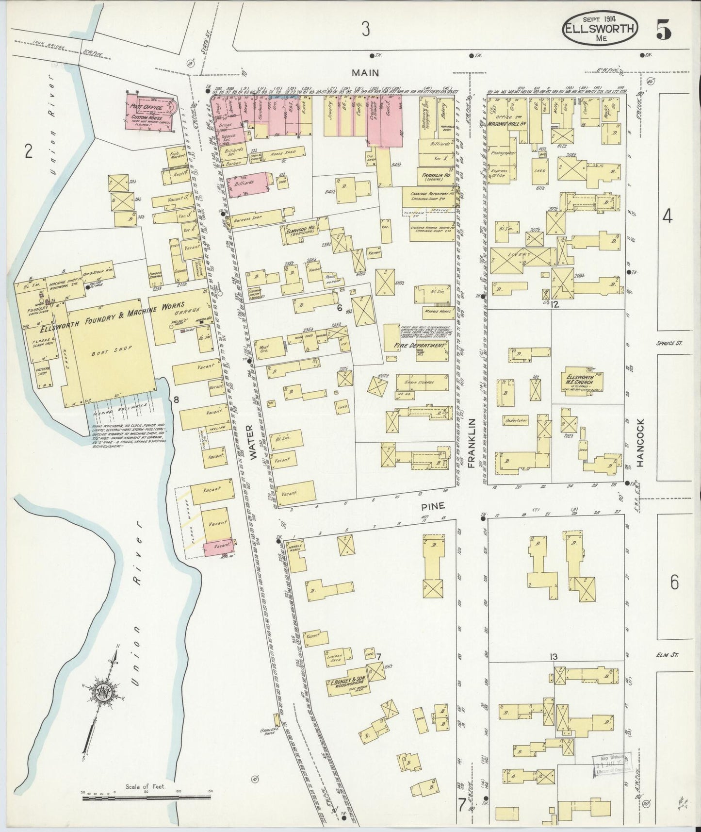 Sanborn Fire Insurance Map from Ellsworth, Hancock County, Maine (1914), Sheet #0005 - Complete Map Set gallery image, historic Sanborn map, vintage wall art, Maine Maine