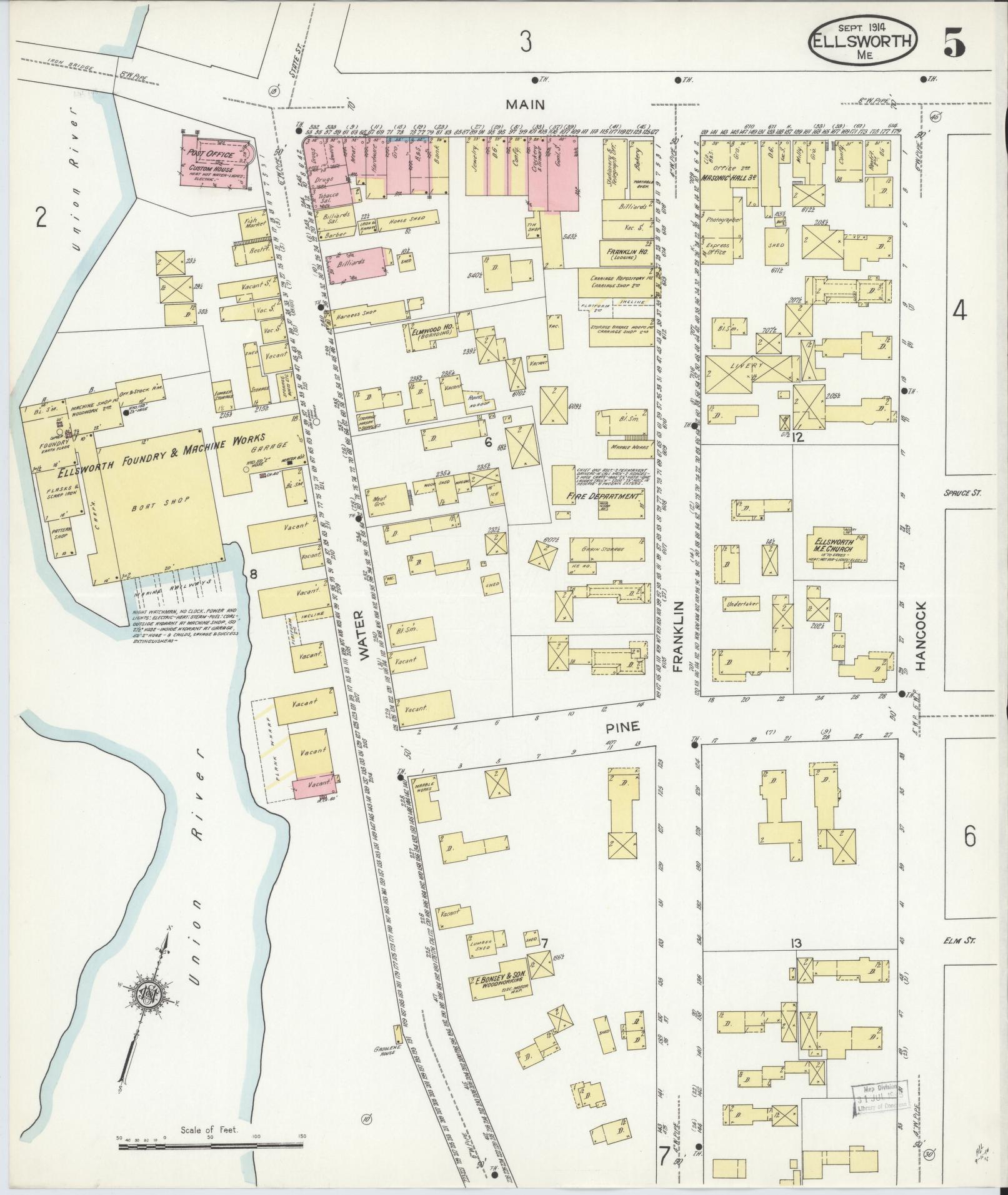 Sanborn Fire Insurance Map from Ellsworth, Hancock County, Maine (1914), Sheet #0005 - Complete Map Set gallery image, historic Sanborn map, vintage wall art, Maine Maine