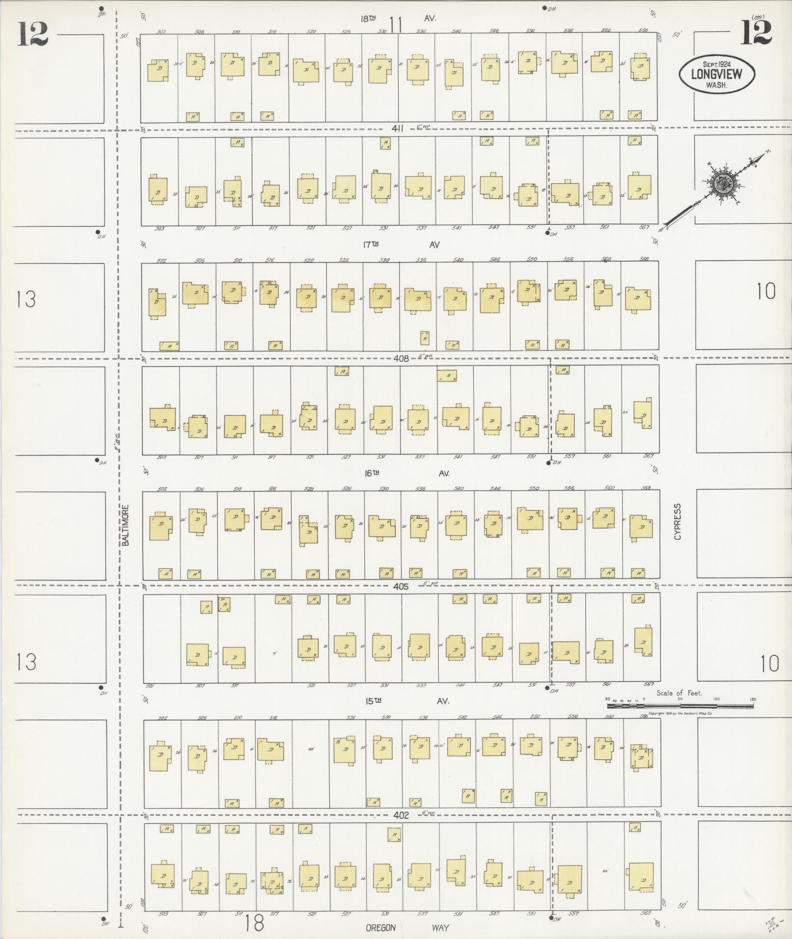 Sanborn Fire Insurance Map from Longview, Cowlitz County, Washington (1924), Sheet #0012 - Historic Sanborn Fire Insurance Map Print, vintage old map wall art, antique decor, genealogy gift, Washington Washington map